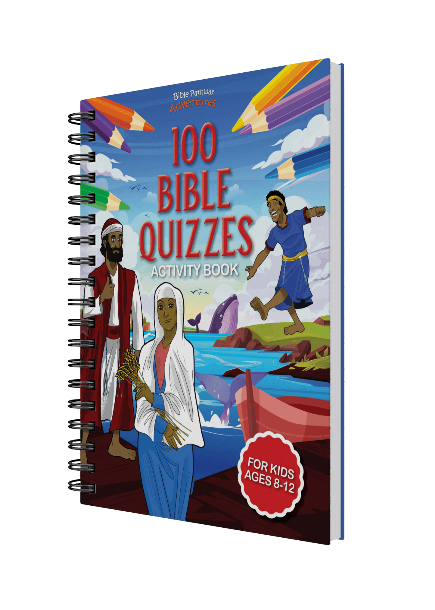 Cover of the '100 Bible Quizzes Activity Book' featuring illustrations of characters from the Bible and colorful pencils, indicating a educational and activity-based content.