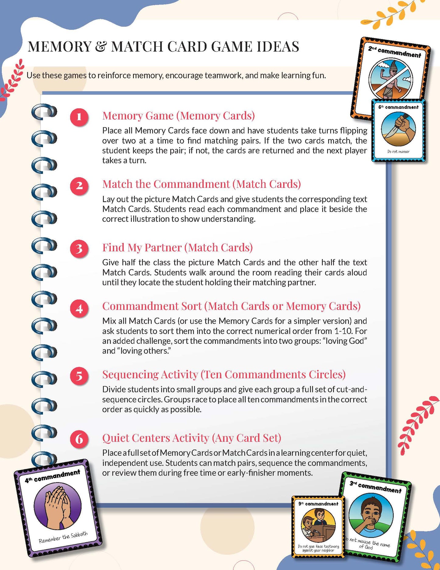 Sheet of memory and match card game ideas with illustrations and text for '10 Commandments Memory & Match Flash Cards'