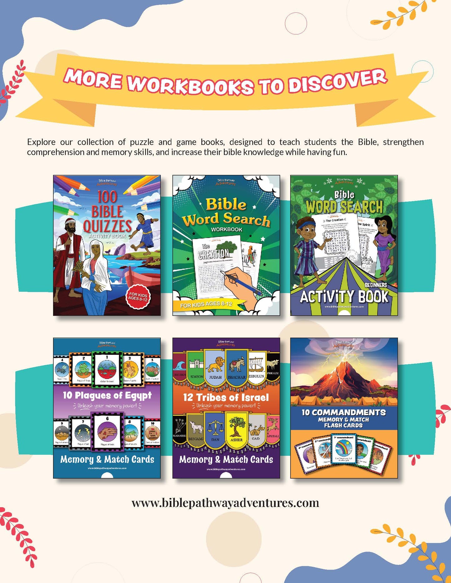 Collection of educational workbooks and cards for children on a promotional background with text.