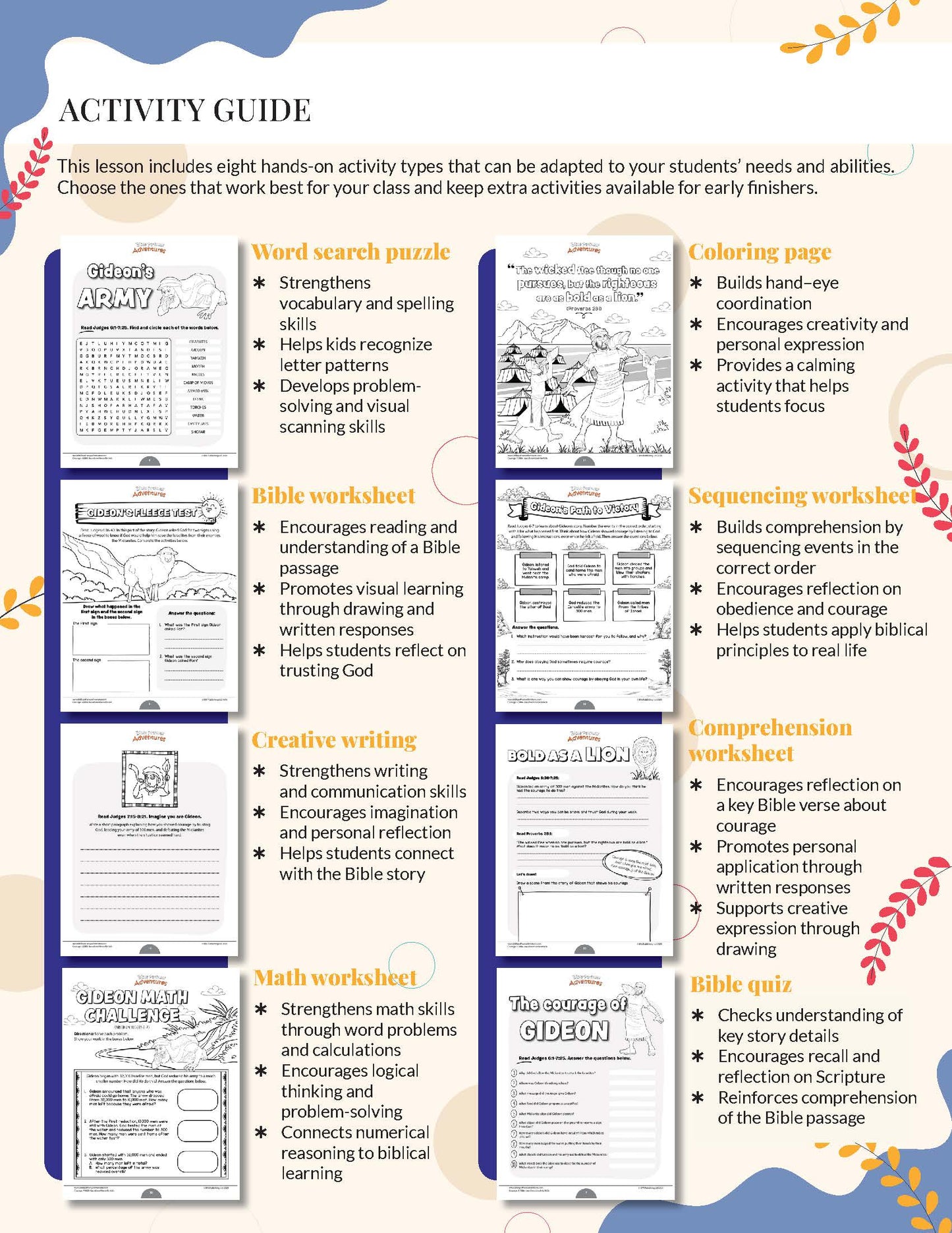 Courage: A Bible-Based Workbook for Kids Activity guide with various educational worksheets and activities on a white background.