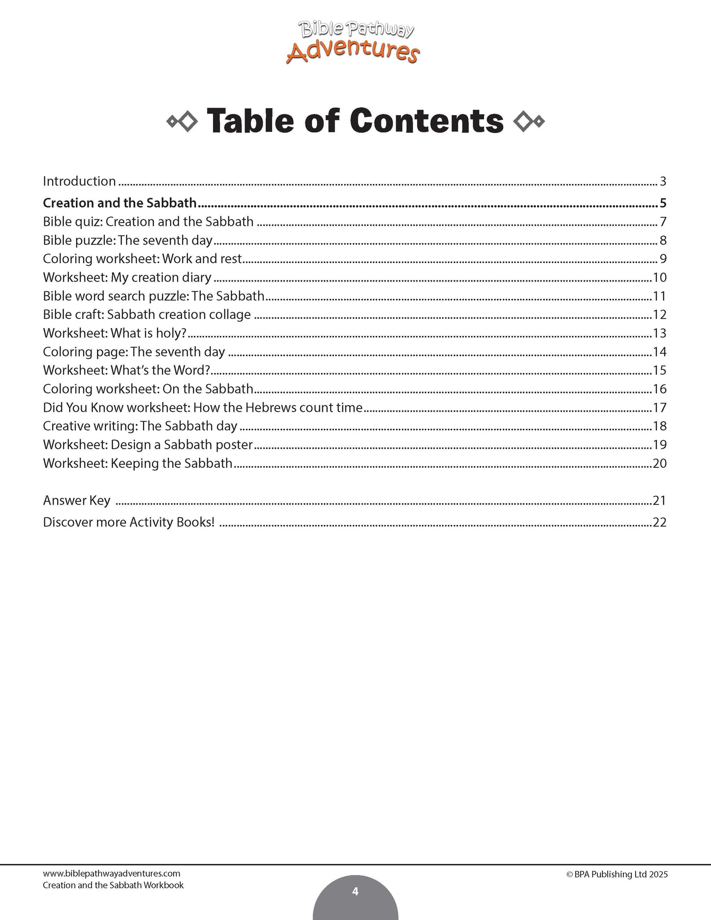 Creation and the Sabbath Workbook Table of contents for a educational resource on the Sabbath, with a white background and black text.