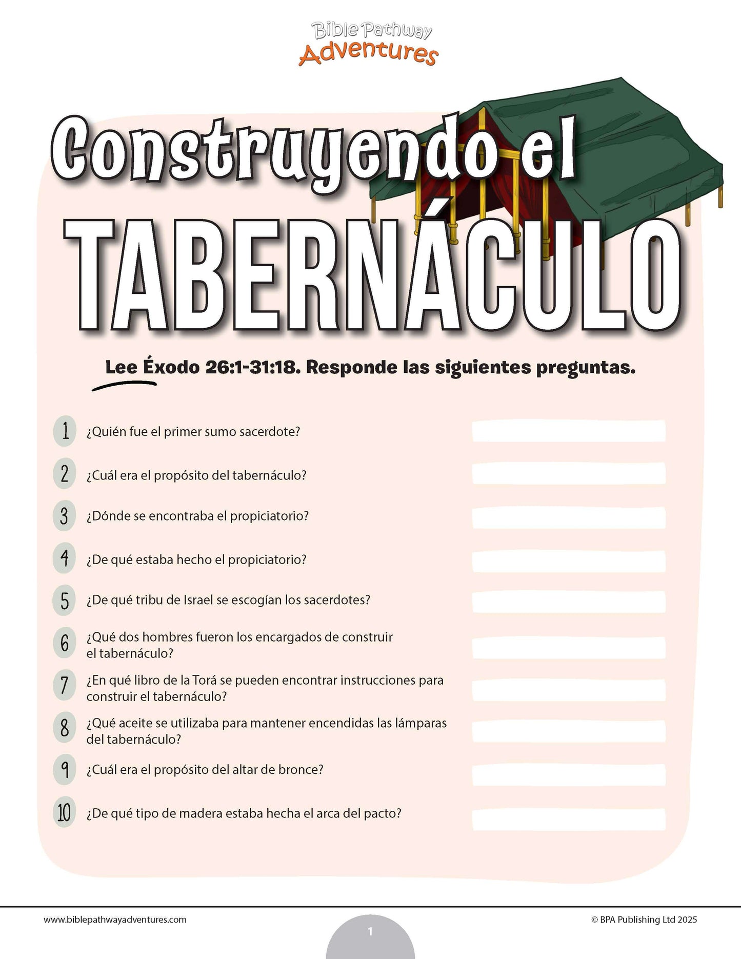 Cuestionario bíblico de la construcción del Tabernáculo