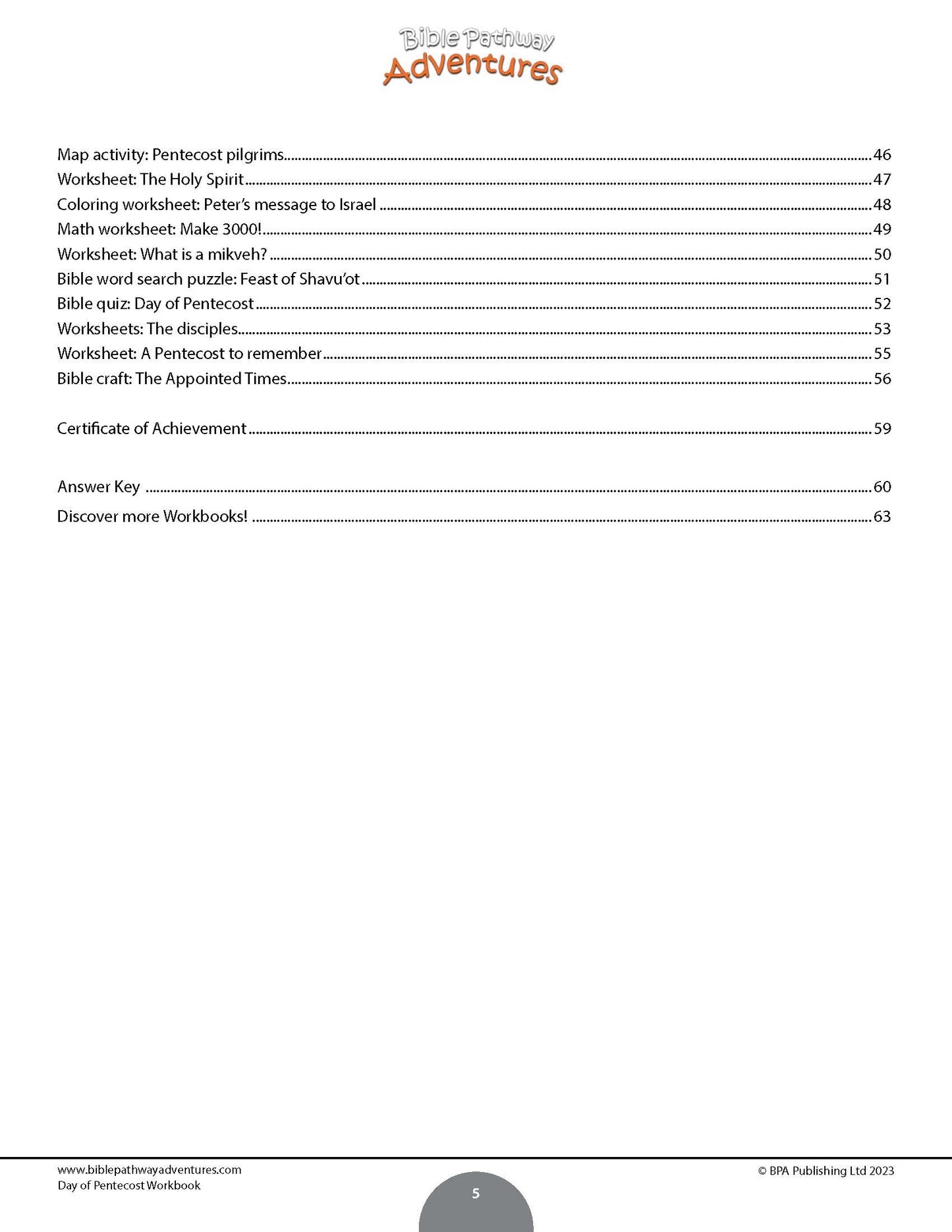 Day of Pentecost Workbook Table of contents page from a workbook with various activities and worksheets listed.