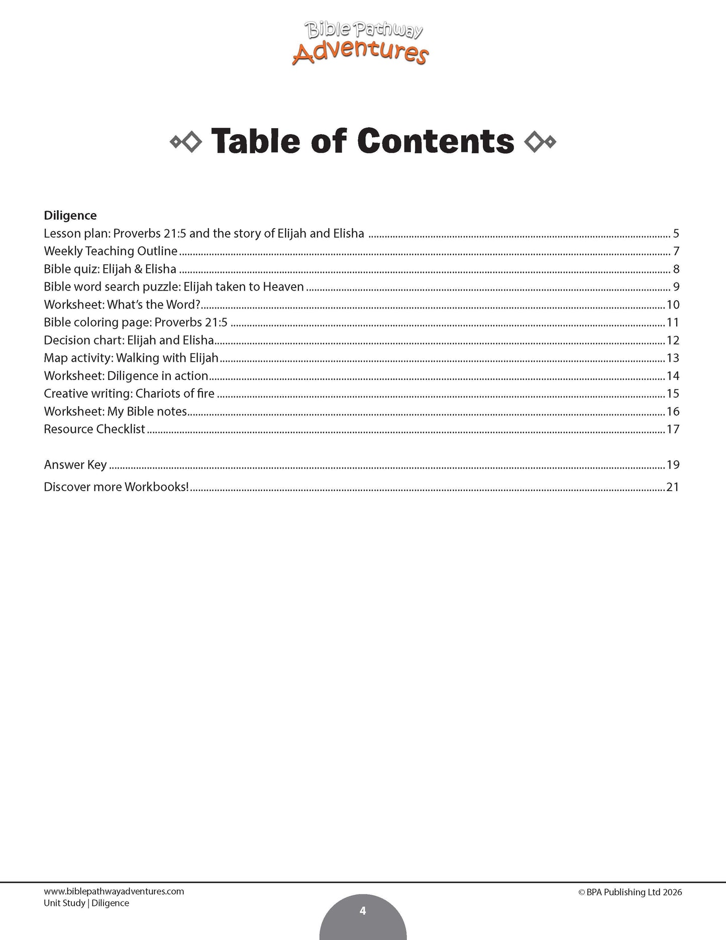 Table of contents for a workbook titled 'Diligence' by Bible Pathway Adventures.