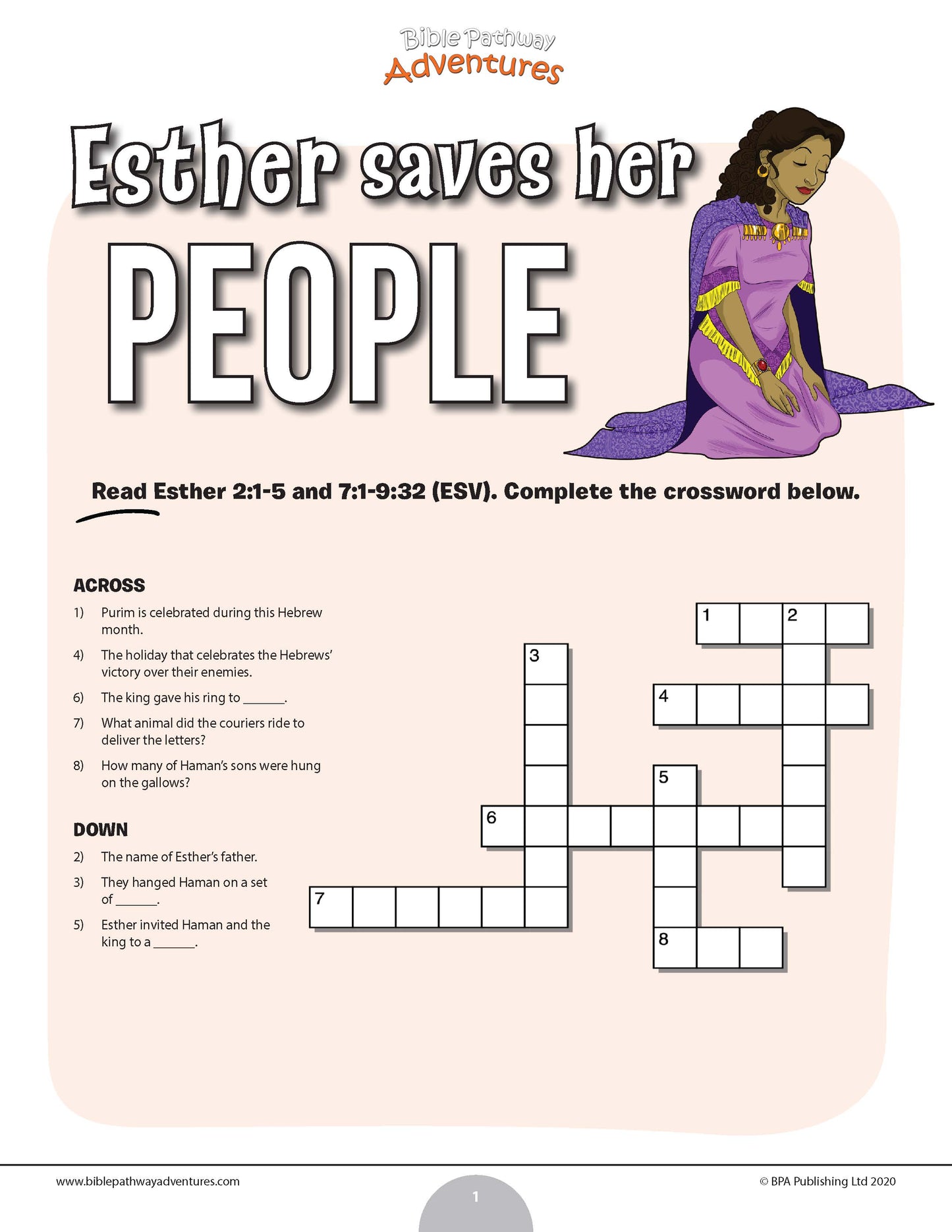 Esther saves her people Bible crossword puzzle (PDF)