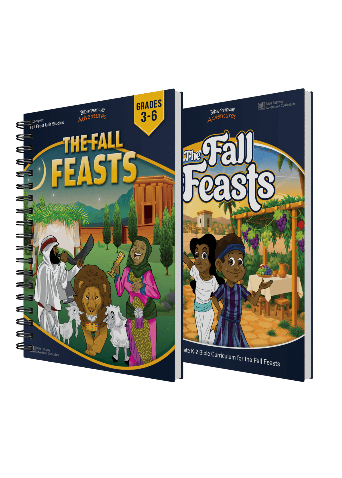 Two educational curriculum books for 'The Fall Feasts' displayed side-by-side on a clean white background. The left book is a spiral-bound workbook, and the right book is a booklet, both featuring colorful illustrations of biblical figures and a festive autumn scene.