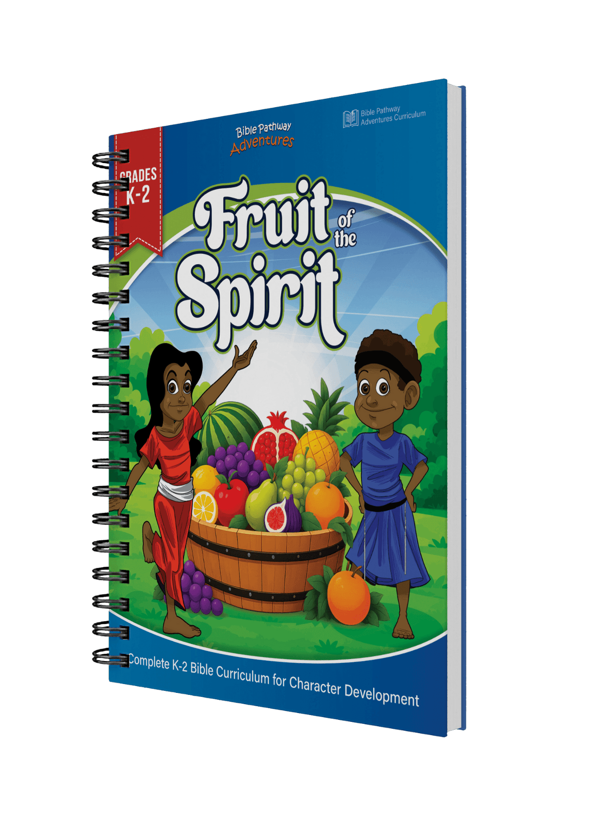 A spiral-bound children's Bible curriculum book titled 'Fruit of the Spirit' by Blue Pathway Adventures, shown at an angle against a solid black background.