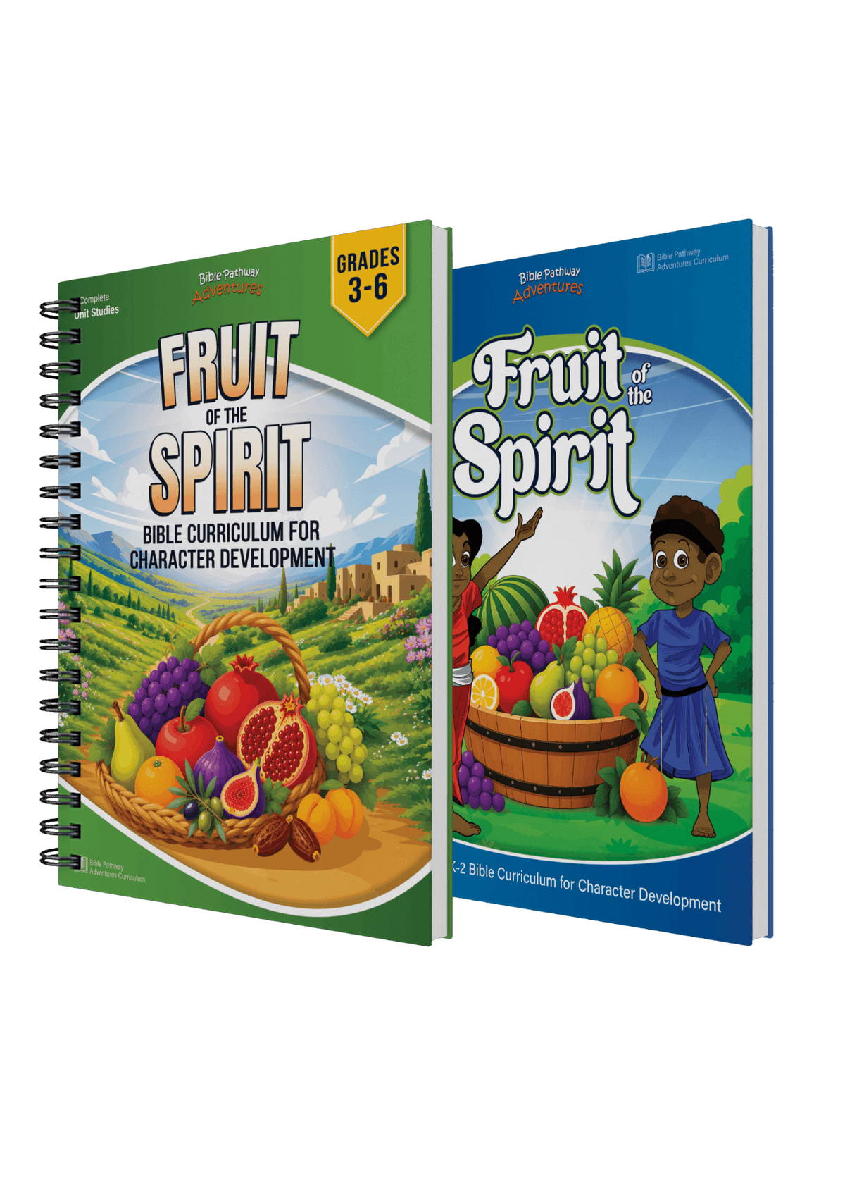 Two spiral-bound curriculum books titled 'Fruit of the Spirit' shown on a black background. The left book has a green cover with a fruit and vegetable illustration and a yellow 'Grades 3-6' badge.
