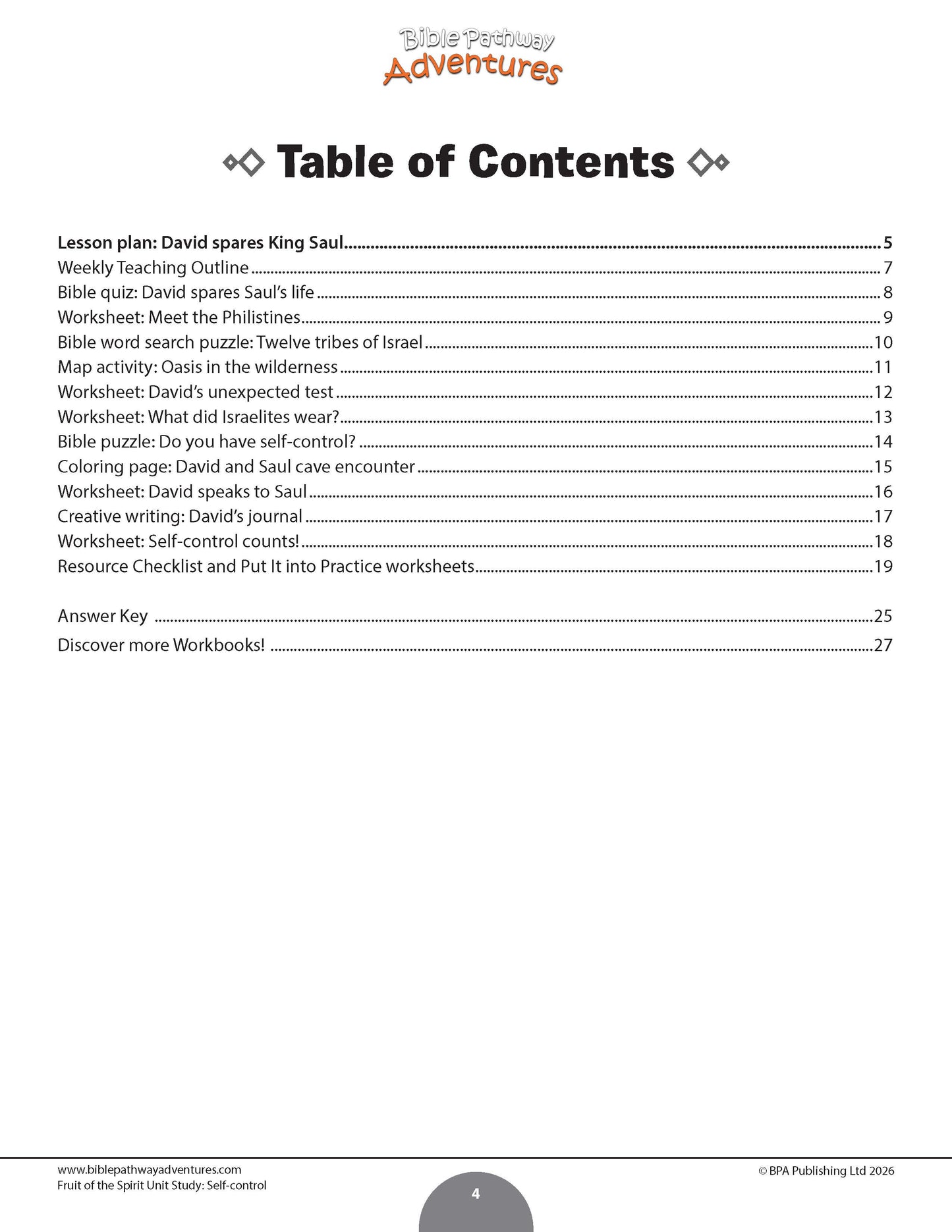Self-Control Fruit of the Spirit Table of Contents