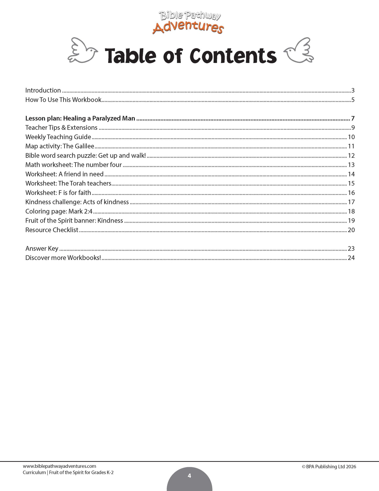 A flat, front-facing view of a printed worksheet or workbook page Fruit of the Spirit Kindness' workbook for grades K-2 - The page contains a list of sections and page numbers in black text on a white background, with small decorative bird illustrations on the left and right of the title.