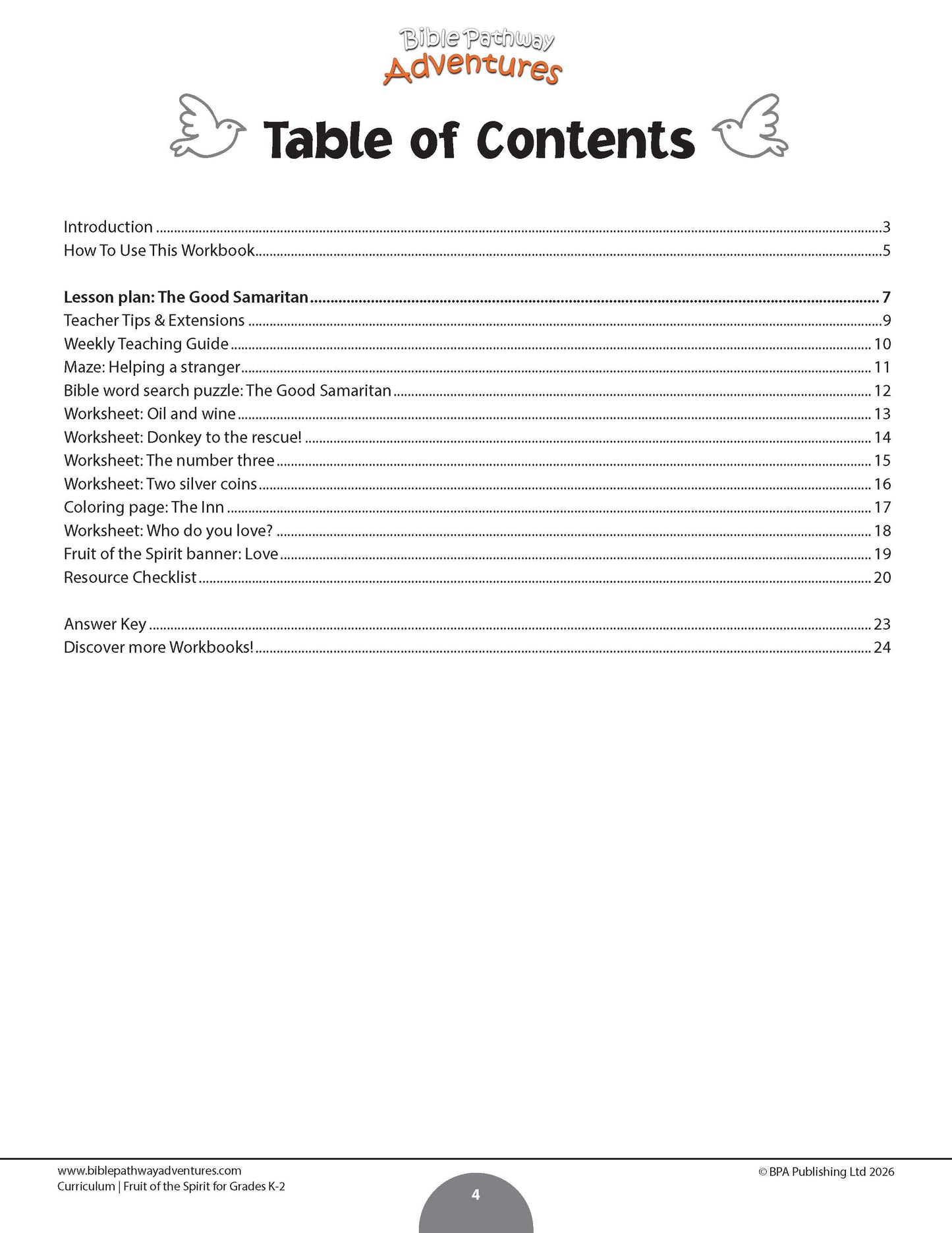 A table of contents page from a Bible teaching adventures Love Fruit of the Spirit workbook, showing the list of sections and page numbers on a white background.
