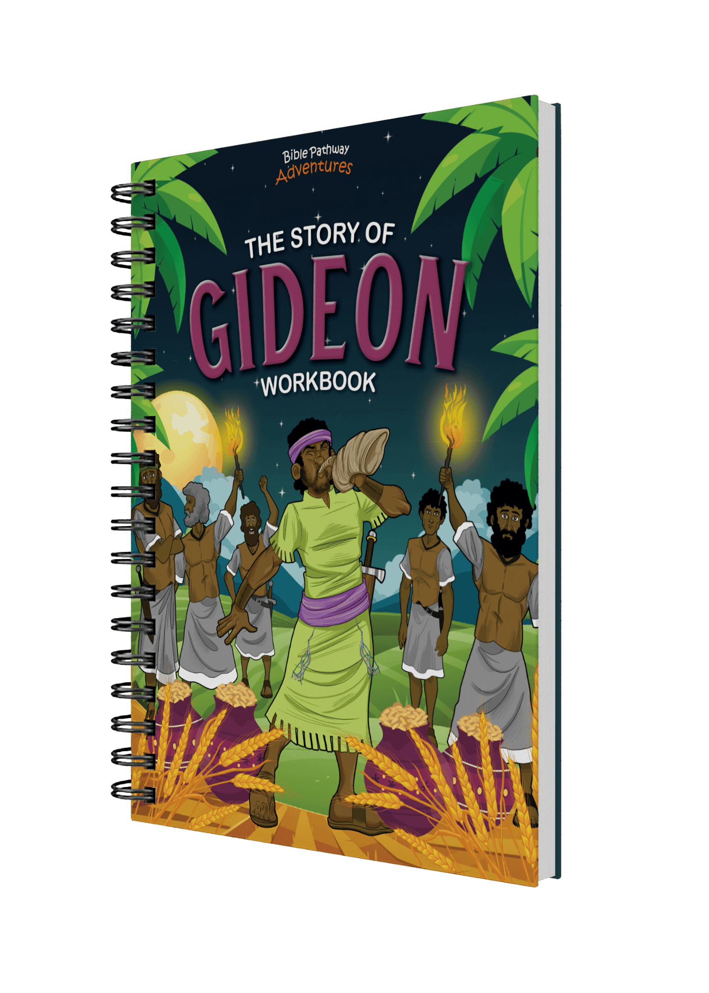 Spiral-bound Workbook titled 'The Story of Gideon' with colorful illustration on a black background