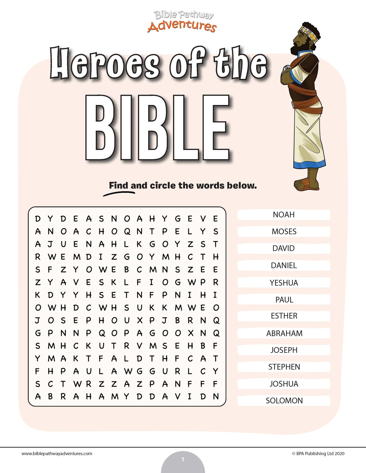 Word search puzzle titled 'Heroes of the Bible' with a character illustration on a light pink background.