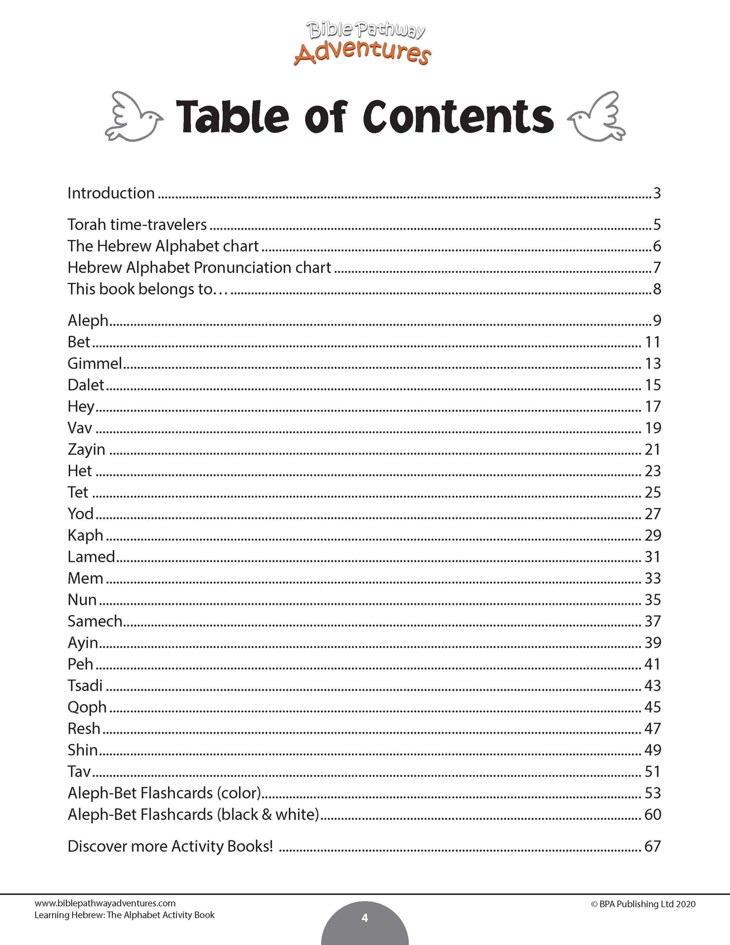 Table of contents for a book titled 'Learning Hebrew: The Alphabet Activity Book' with a white background.