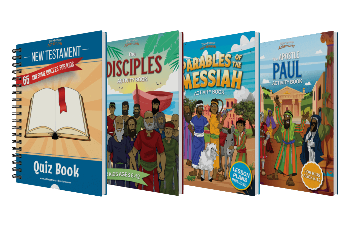 Four children's activity books on a black background