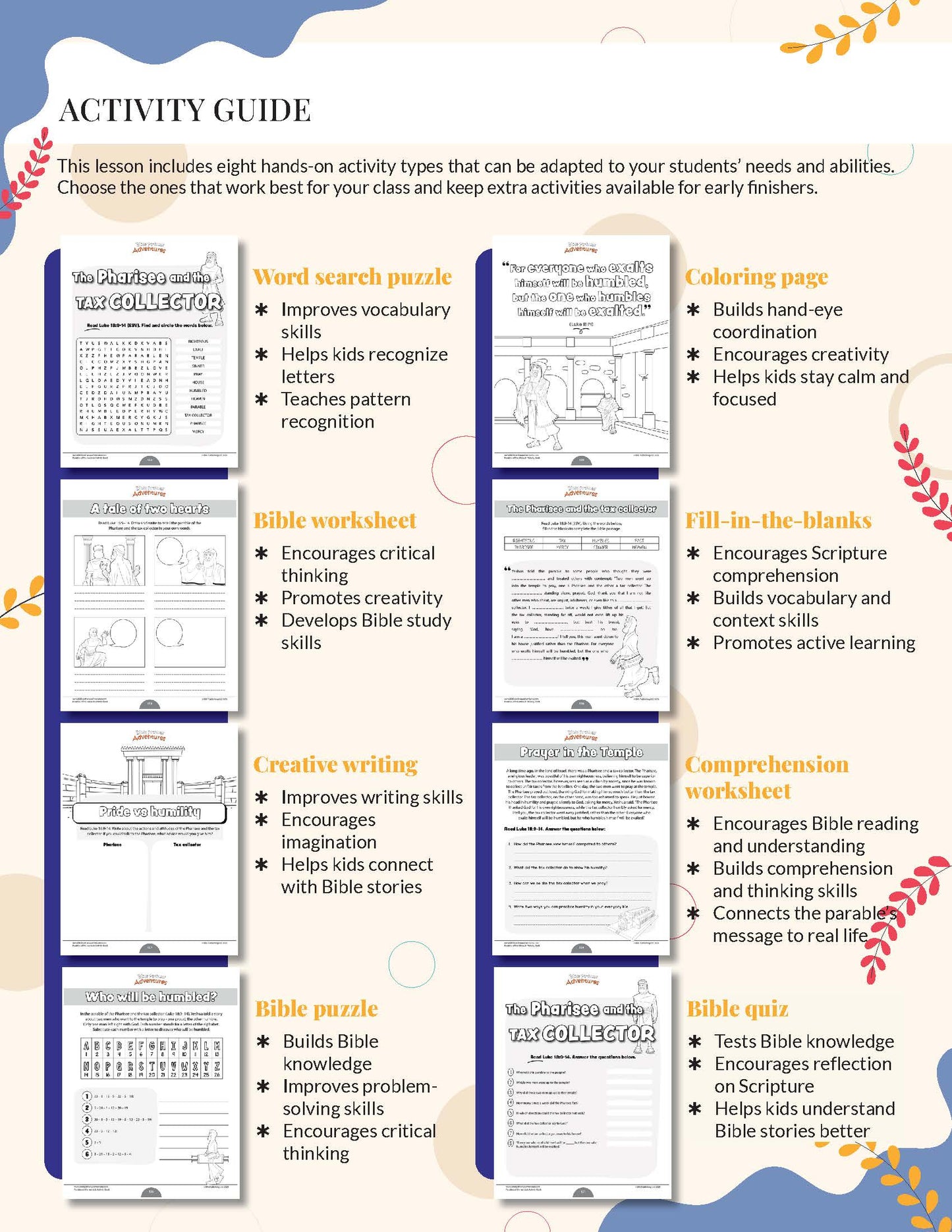 Pharisee & the Tax Collector Activity guide with various educational worksheets on a white background