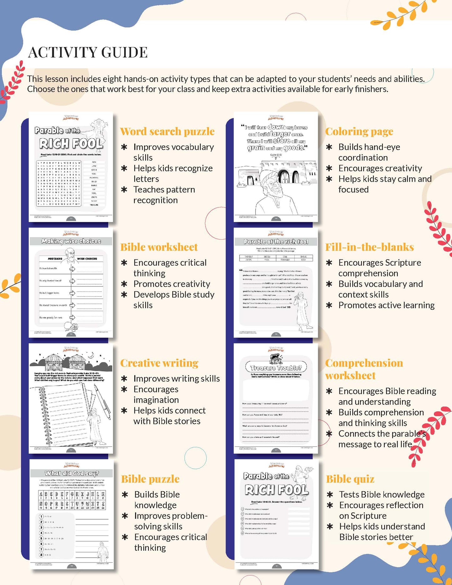 The Rich Fool' workbook Activity guide with various educational worksheets on a white background