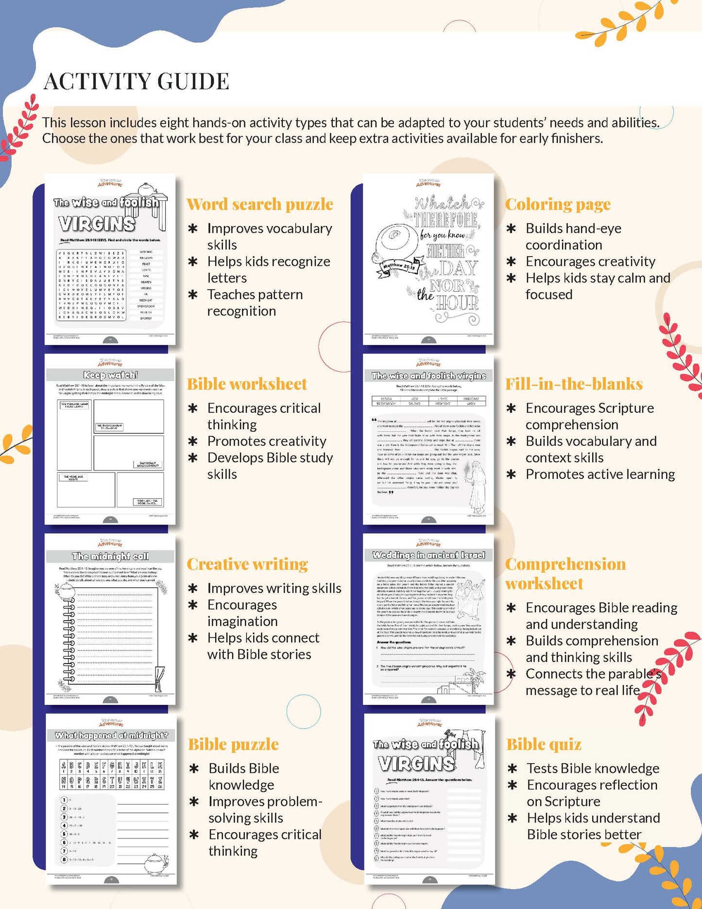 'Parable of the Wise and Foolish Virgins Workbook' Activity guide with various educational worksheets on a white background