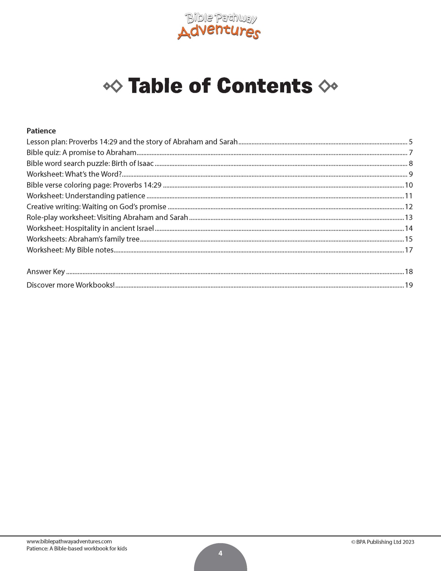 Table of contents for a Patience Bible study workbook with various activities and topics listed.