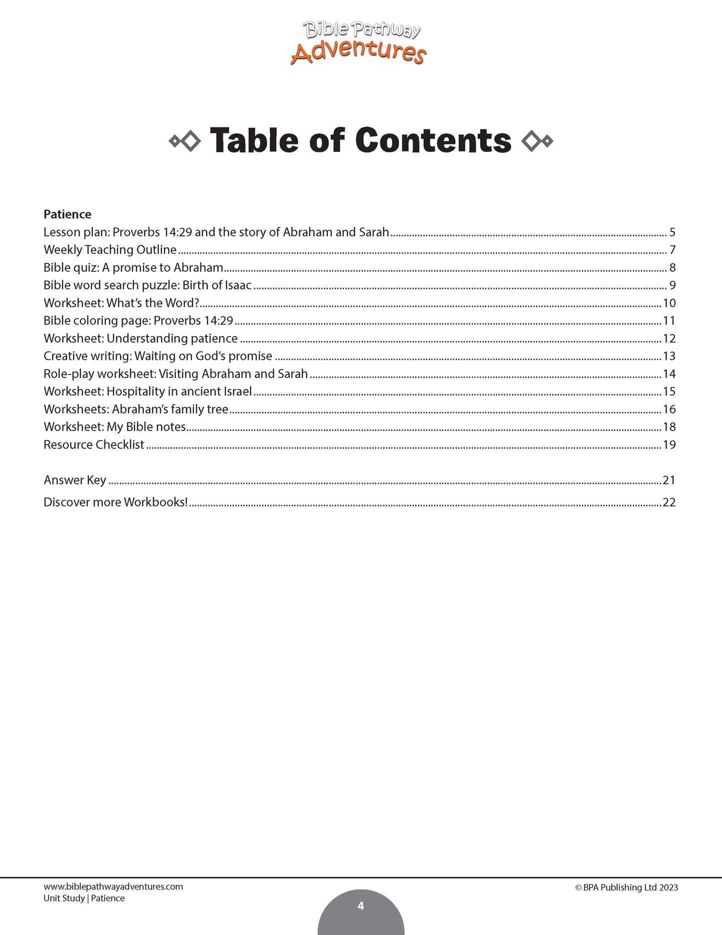 Table of contents for a Patience Bible study workbook with various activities and topics listed.