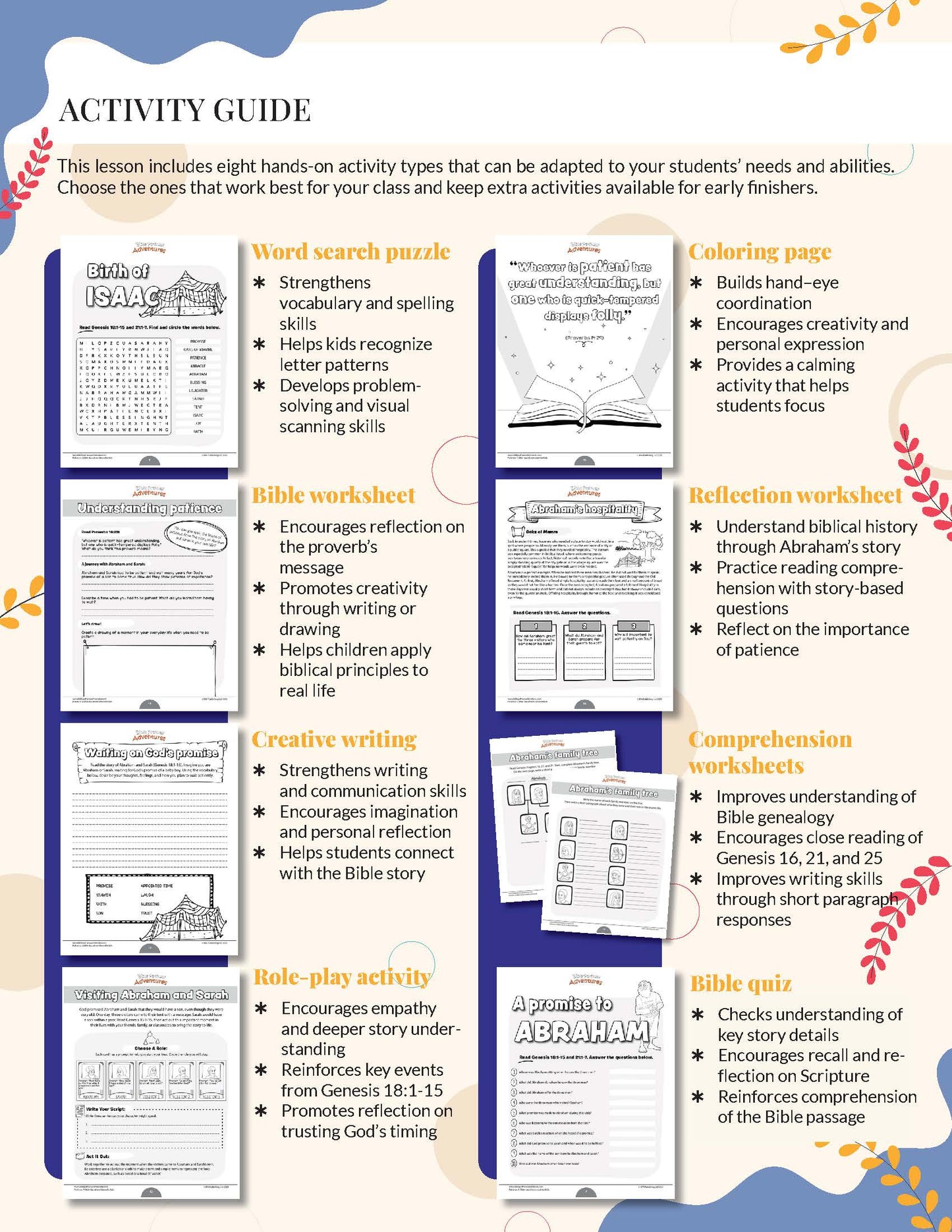 Patience Bible study Activity guide with various educational worksheets and activities on a white background.