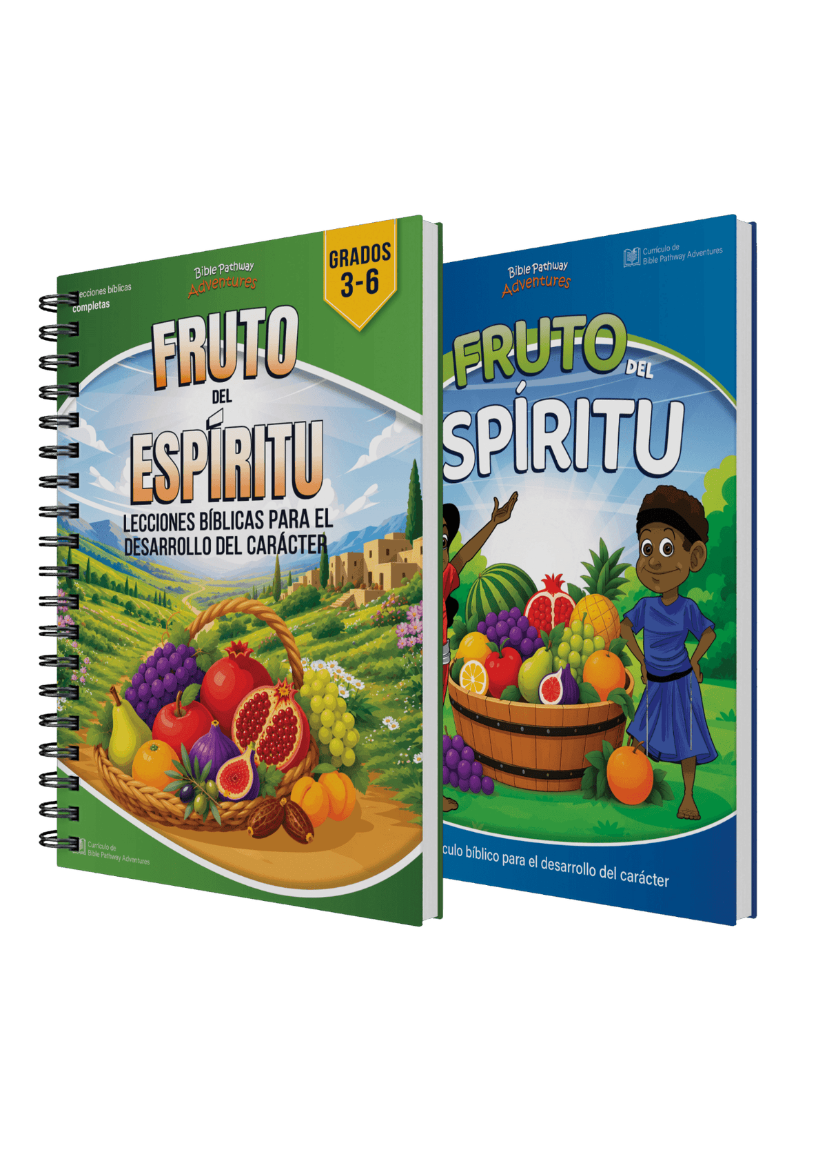 Two Spanish-language workbook covers shown side by side on a black background. The left cover is green with fruit illustrations and the title 'Fruito del Espíritu'; the right cover is blue with a child illustration and the same title.