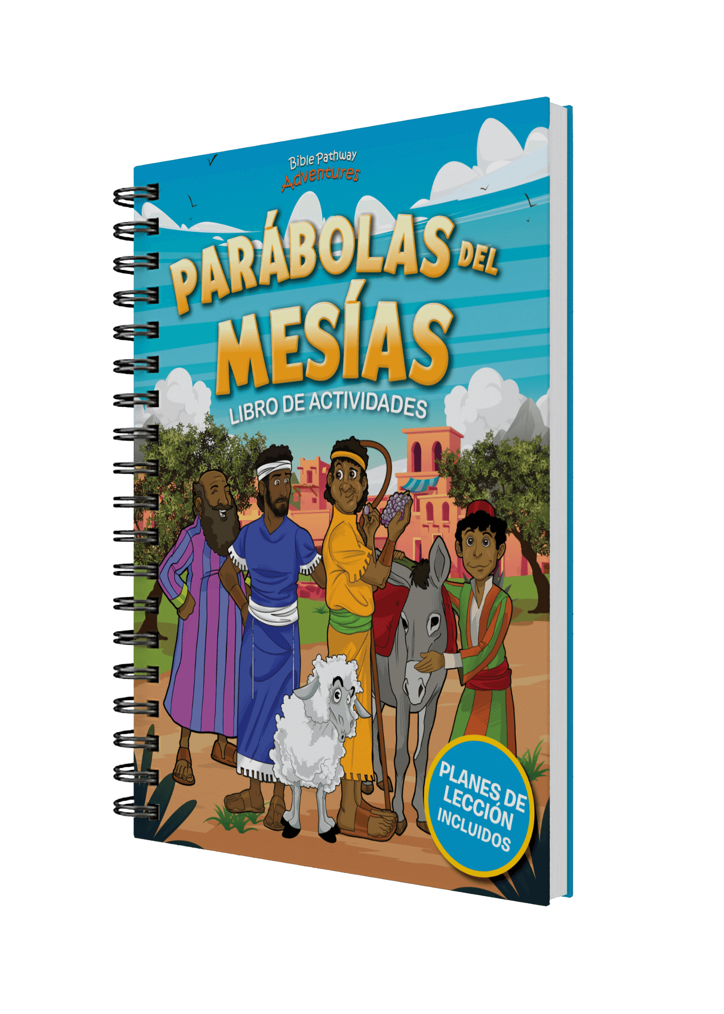 Children's activity book titled 'Parabolas del Mesias' with colorful illustrations on a black background.