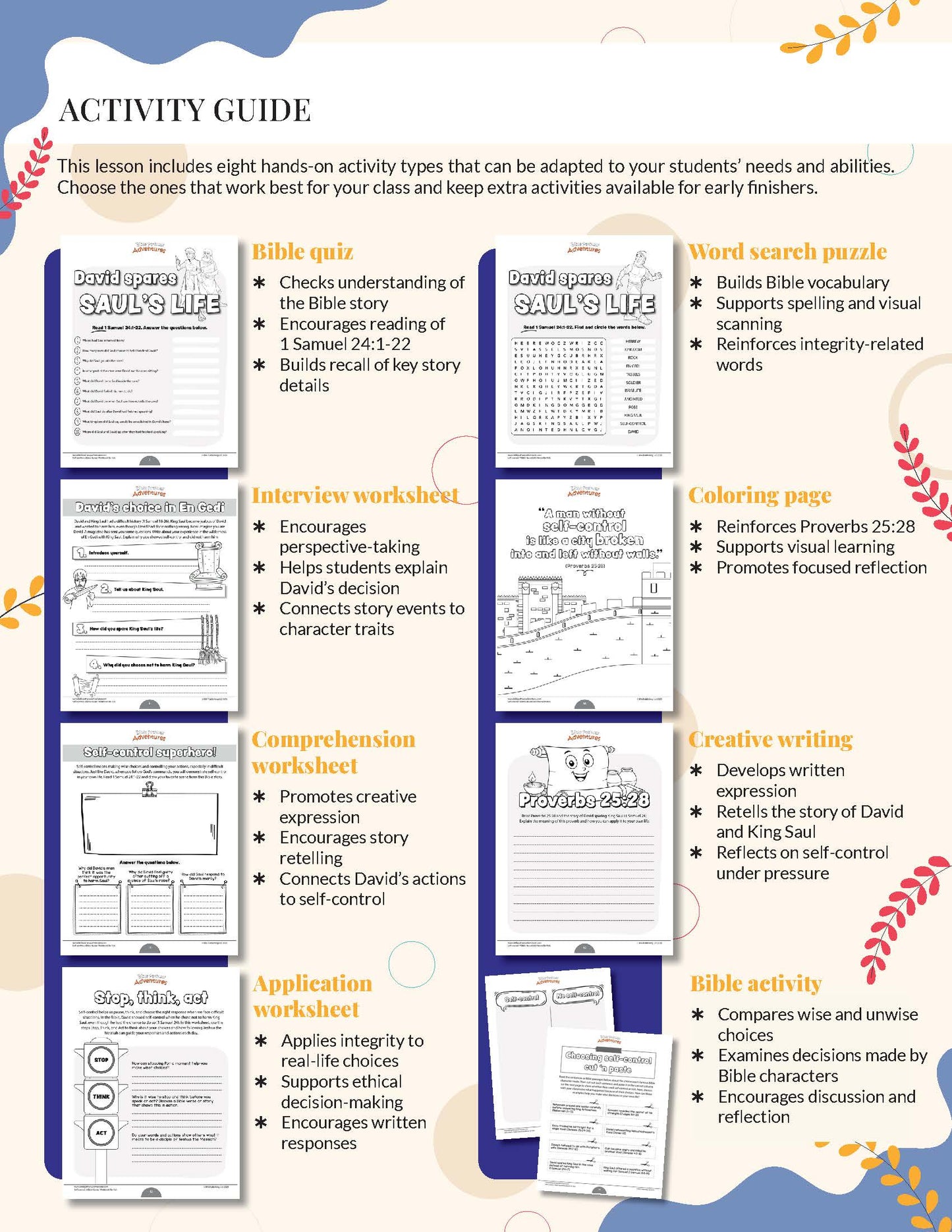 Self-Control: A Bible-Based Workbook for Kids Activity guide with various educational worksheets on a white background