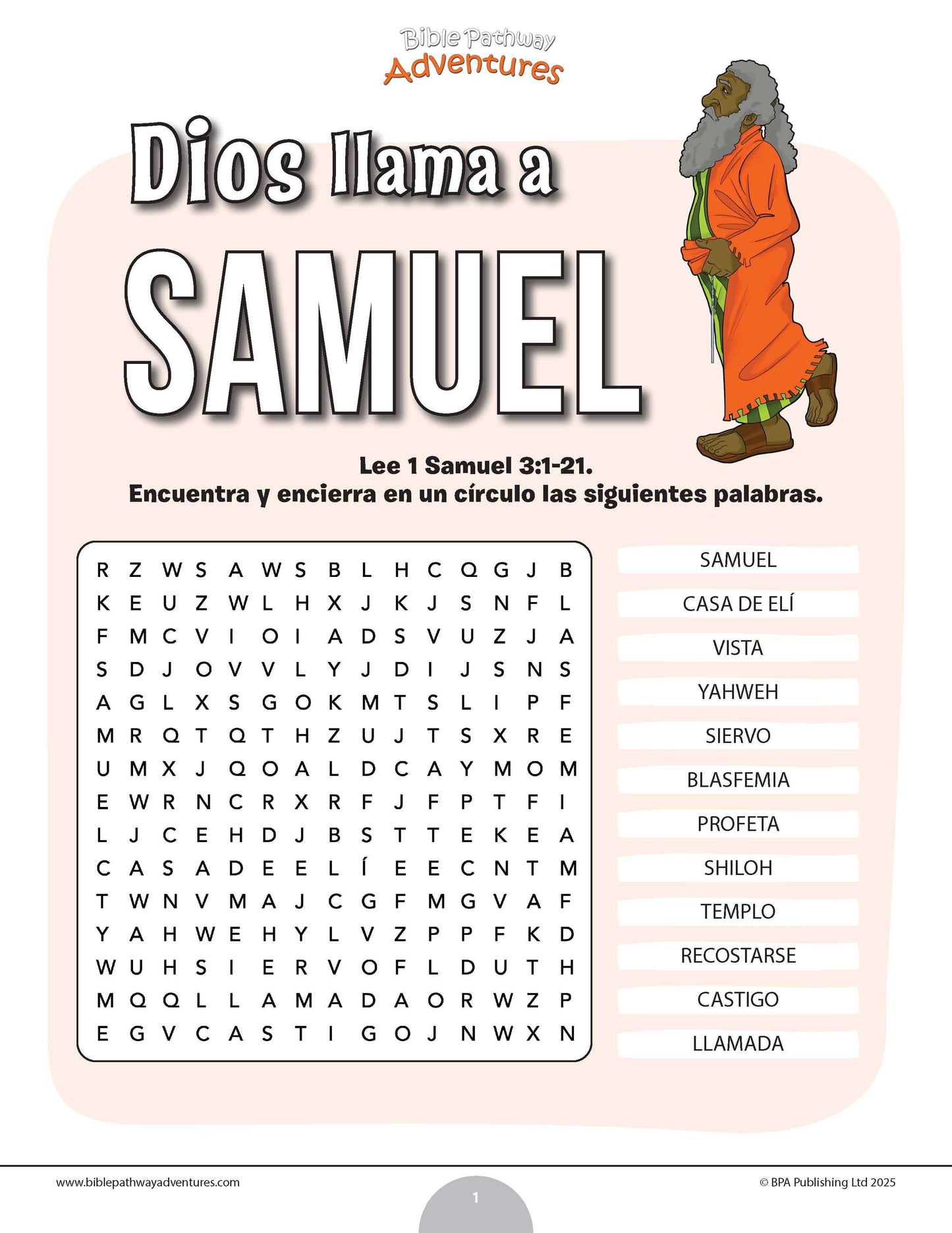 Sopa de letras de Dios llama a Samuel