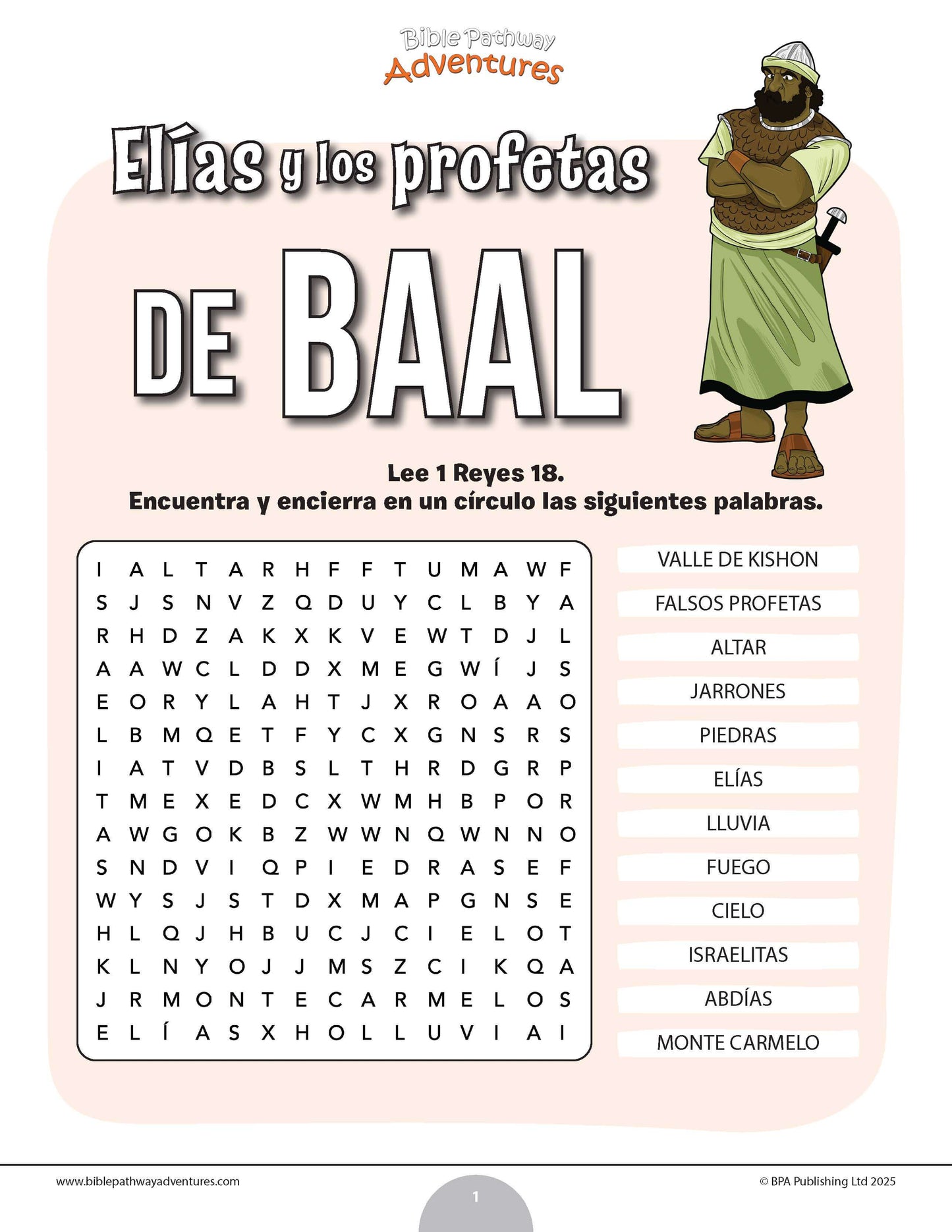 Sopa de letras de Elías y los profetas de Baal