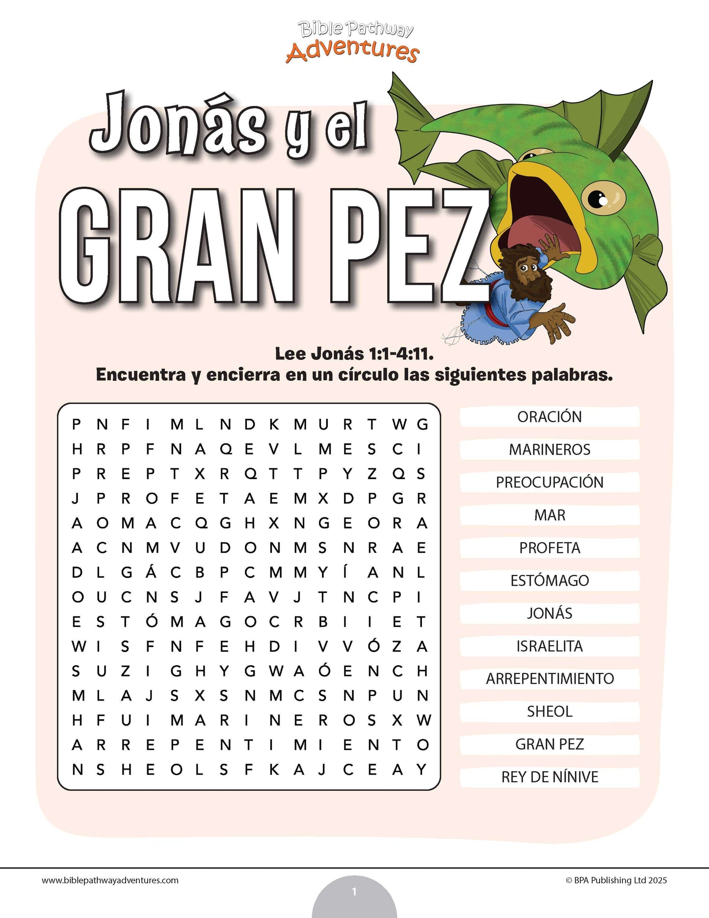 Sopa de letras de Jonás y el gran pez