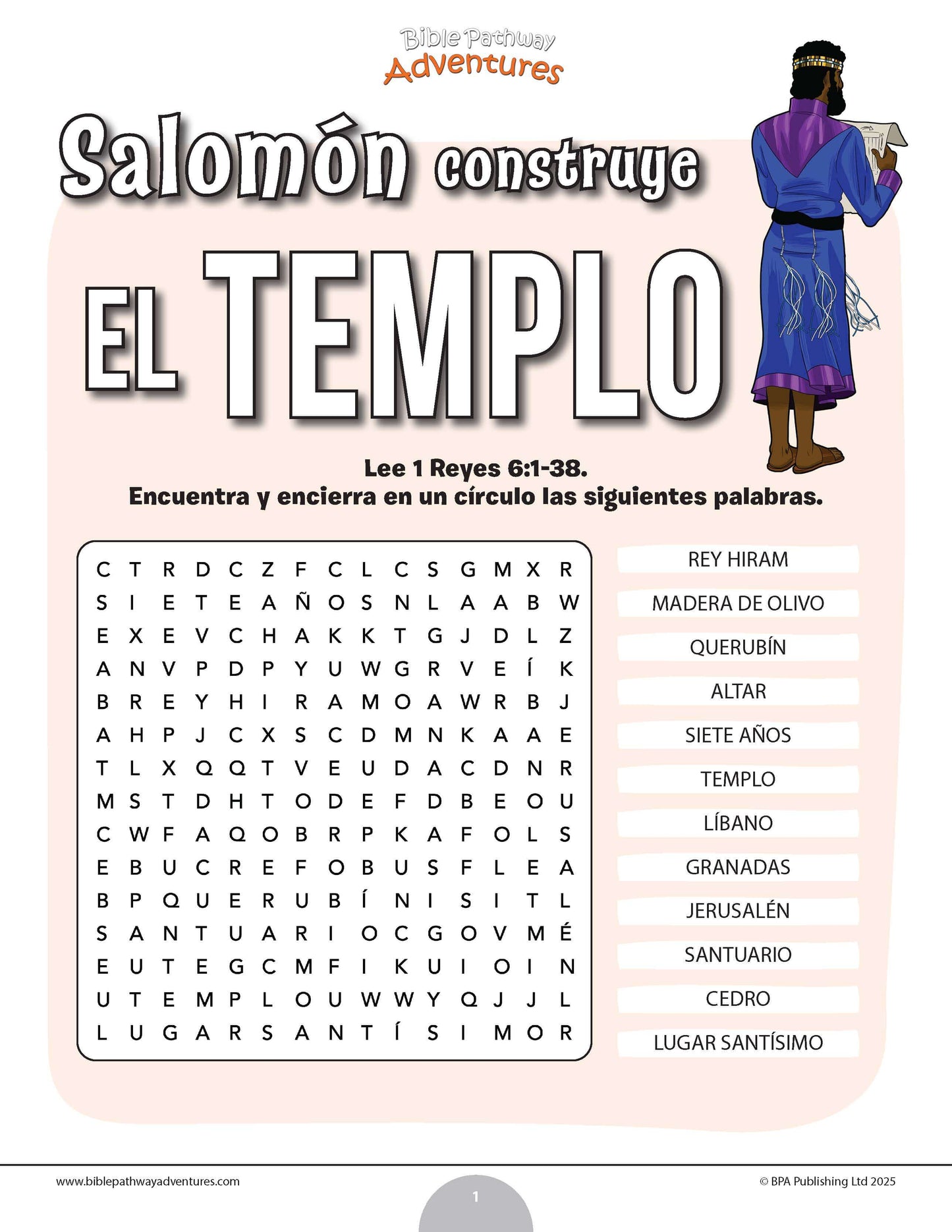 Sopa de letras de Salomón construye el templo