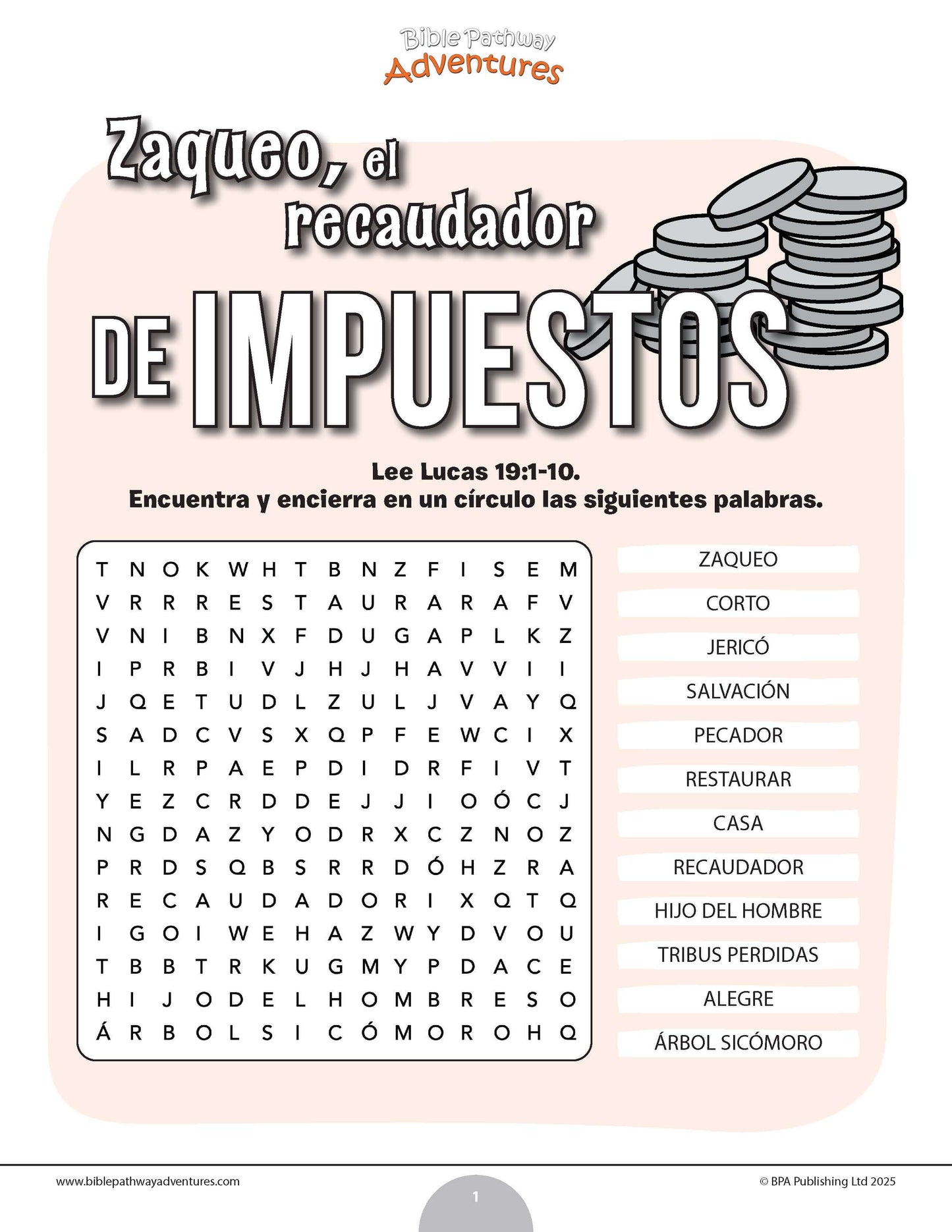 Sopa de letras de Zaqueo el recaudador de impuestos