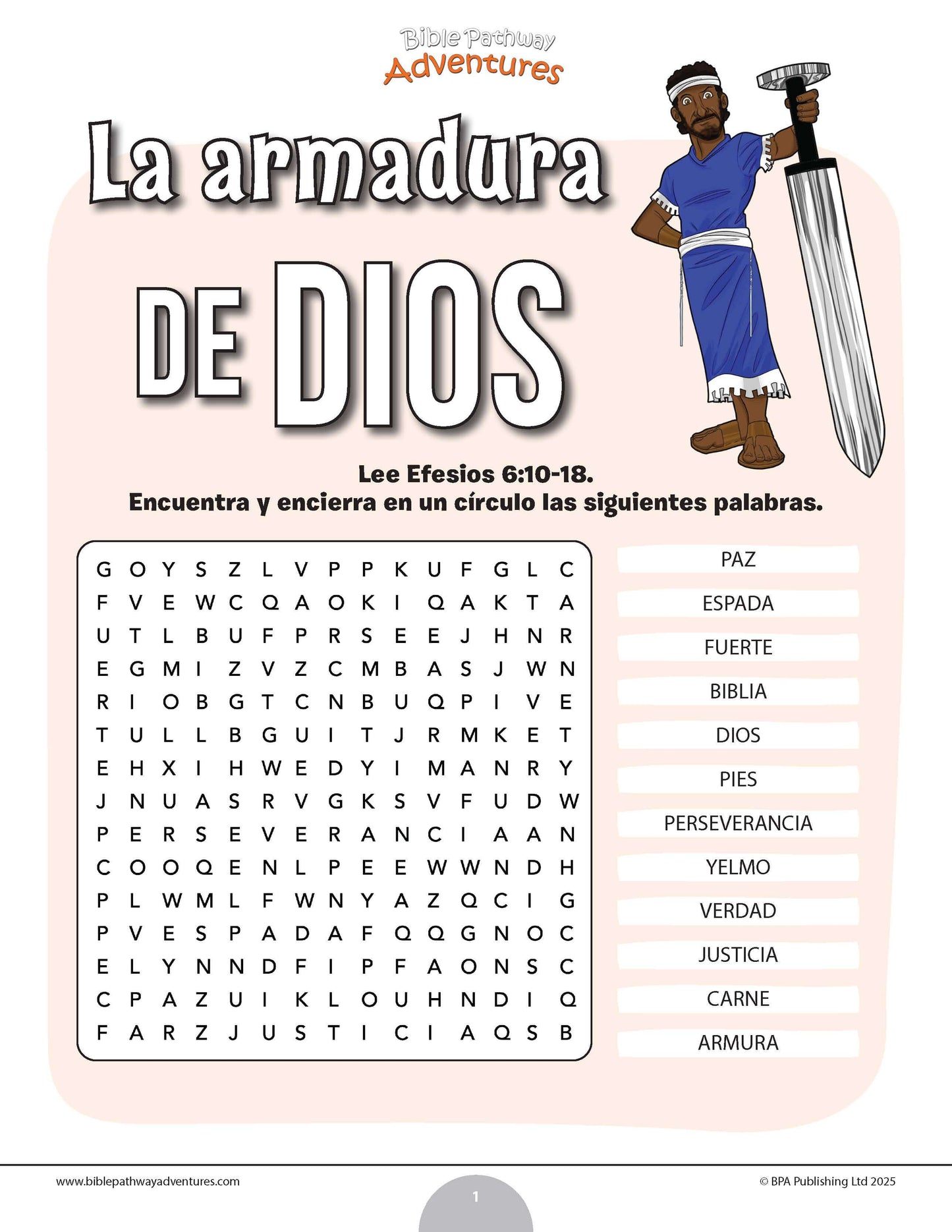 Sopa de letras de la Armadura de Dios