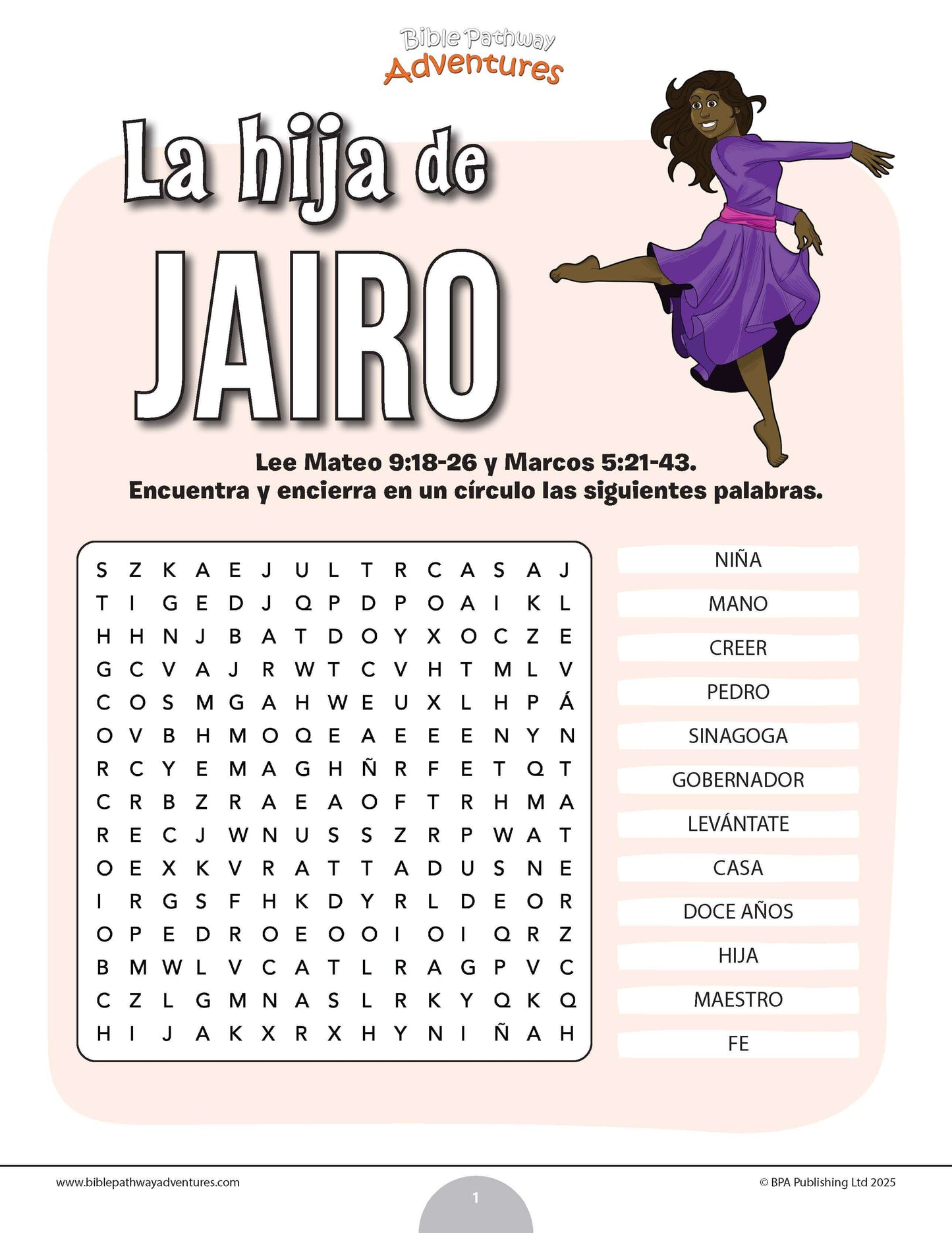 Sopa de letras de la hija de Jairo