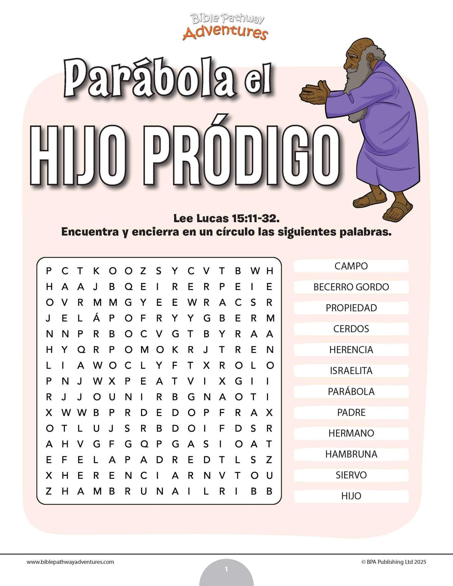 Sopa de letras de la parábola del hijo pródigo