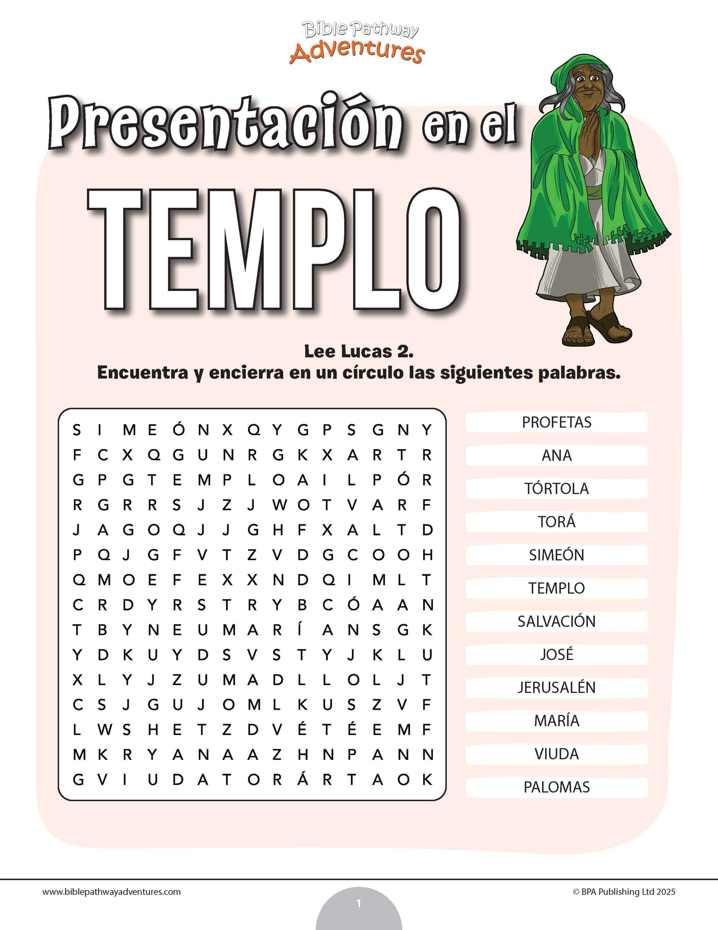 Sopa de letras de la presentación en el templo