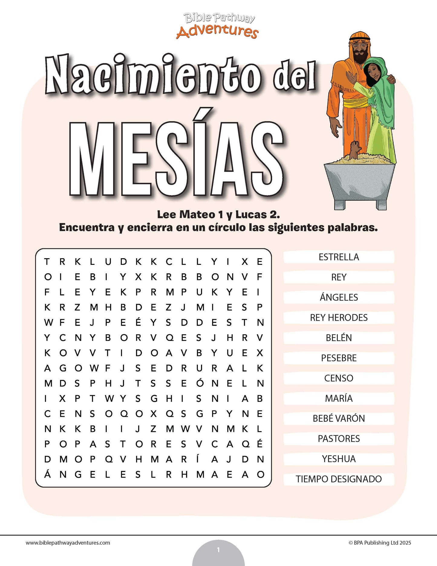 Sopa de letras del nacimiento del Mesías