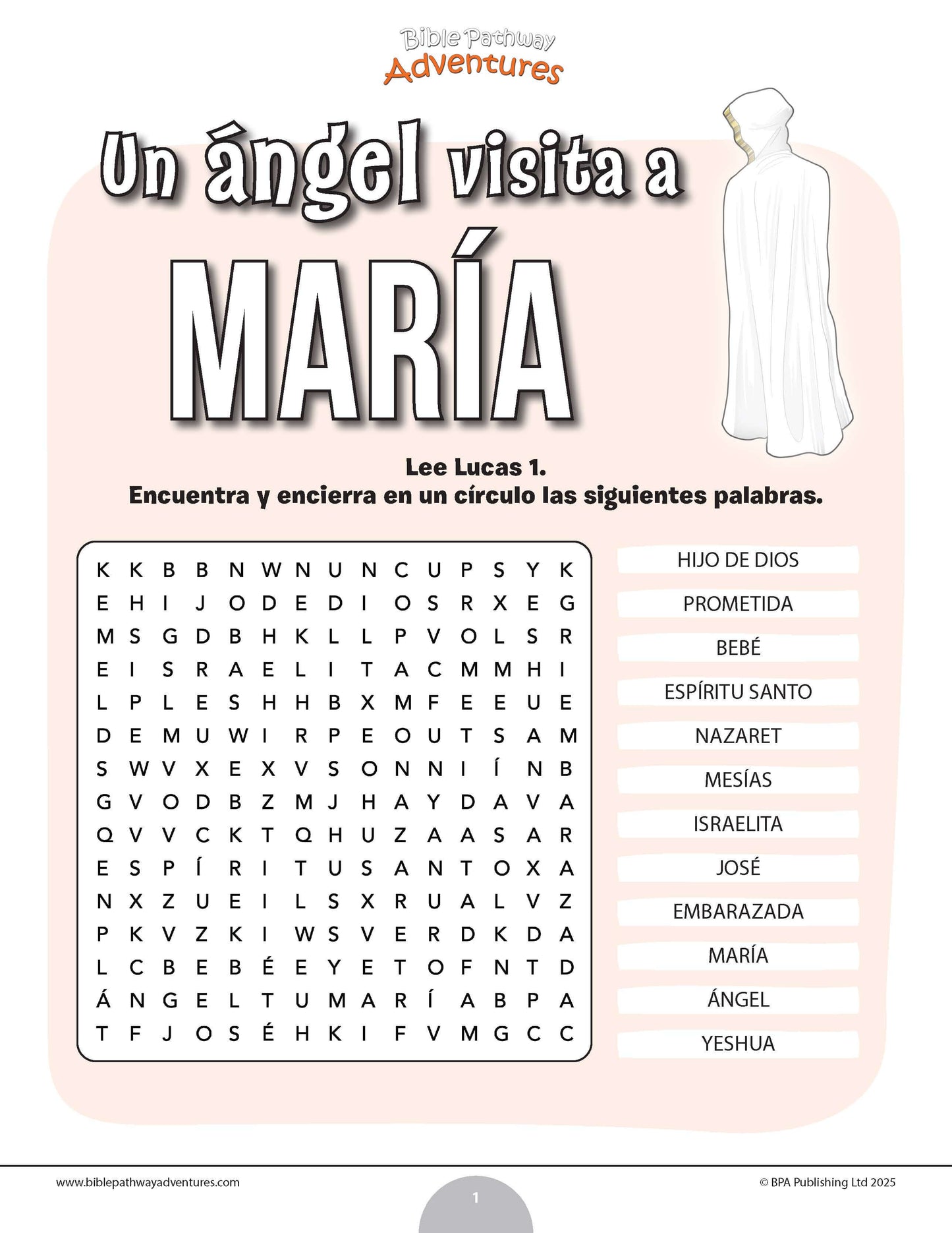 Sopa de letras de un ángel visita a María