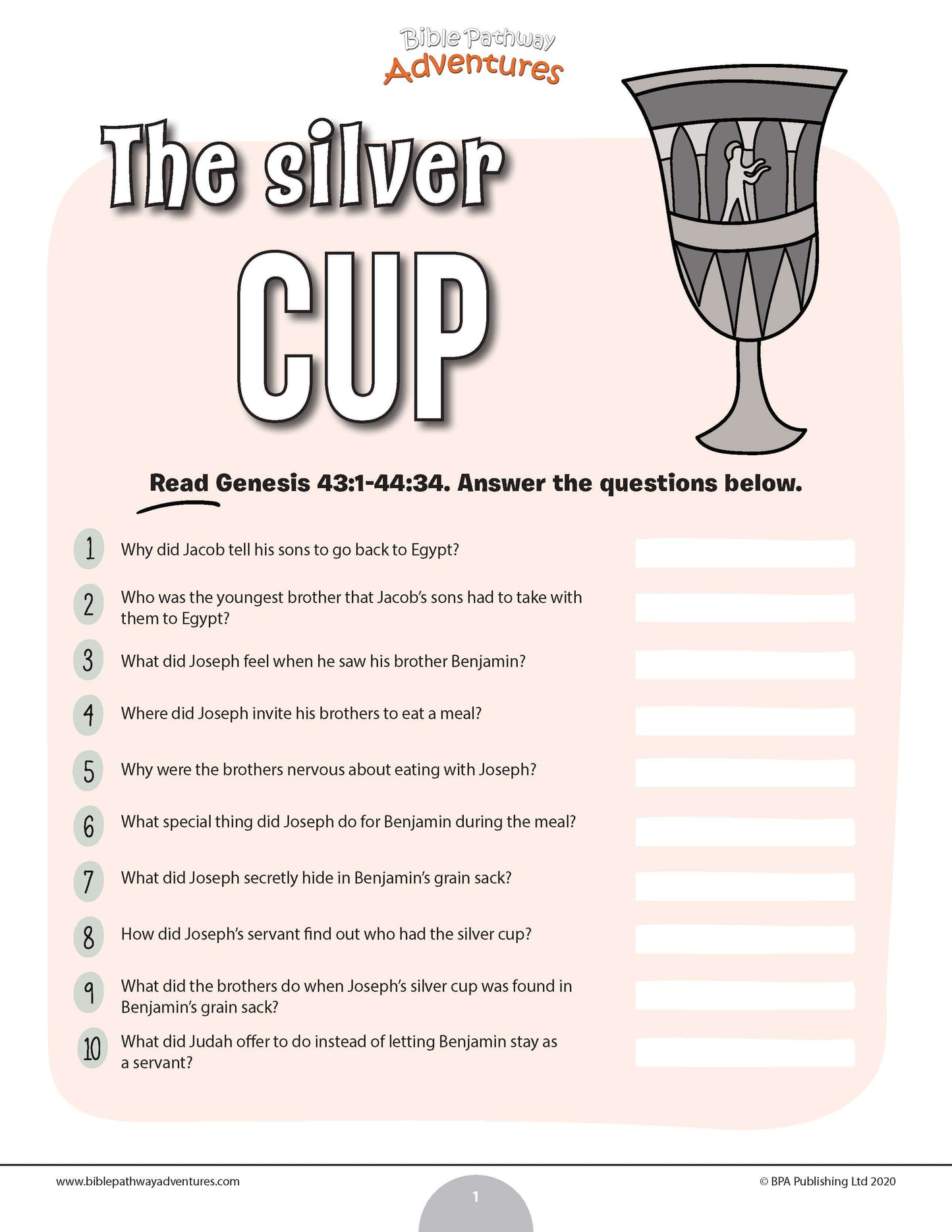 Educational worksheet titled 'The Silver Cup' with questions based on Genesis 43:1-44:34, featuring a illustration of a silver cup.
