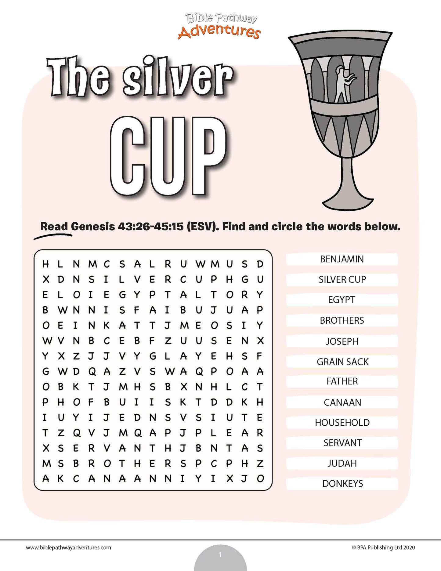 Word search puzzle titled 'The Silver Cup' with Genesis reference, on a light pink background.