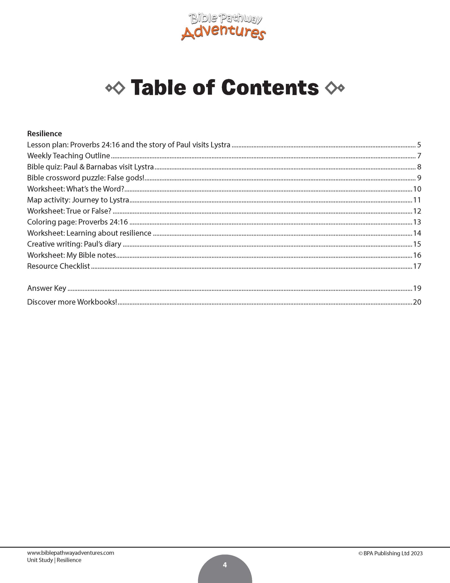 Table of contents for a workbook titled 'Resilience' with a white background.