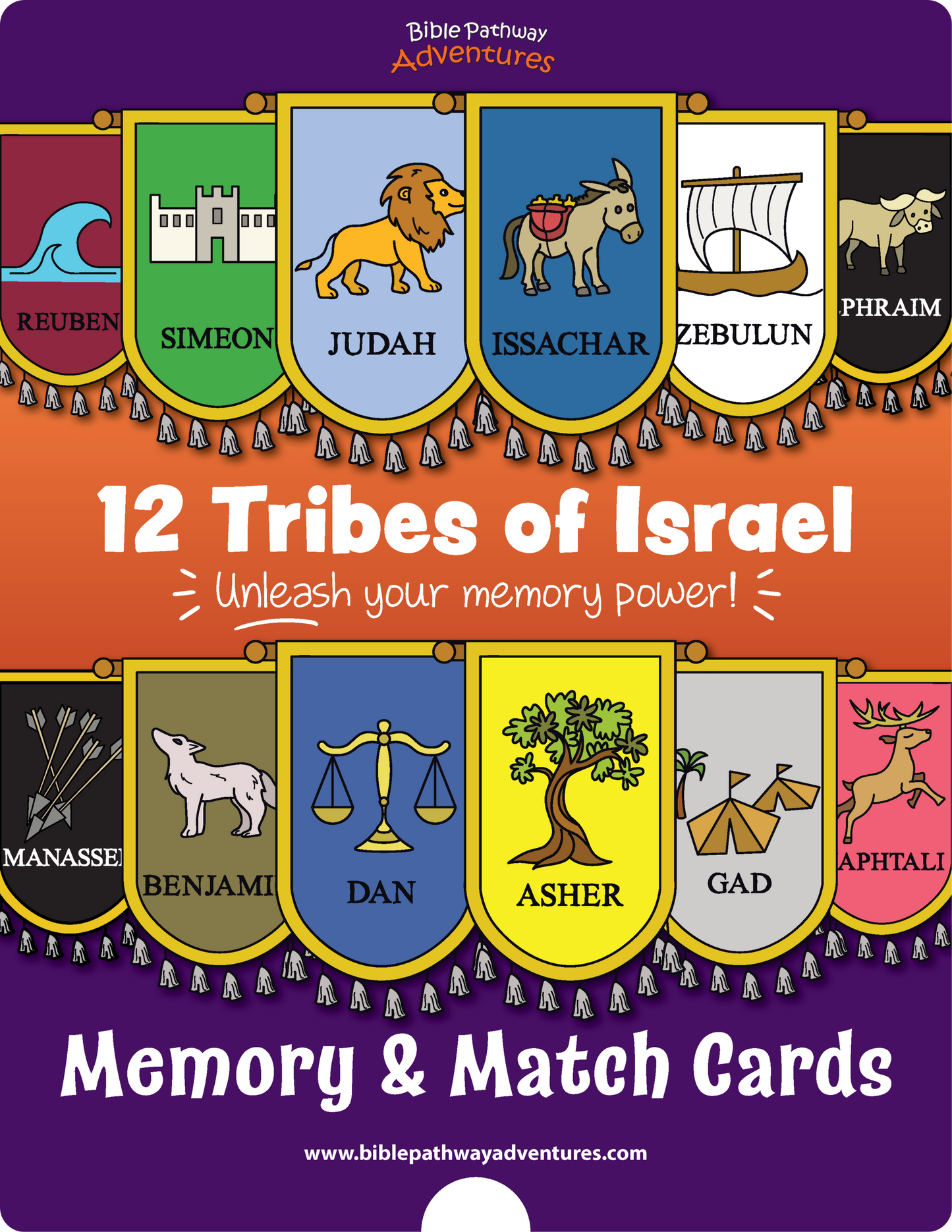 Cover of the PDF showing '12 Tribes of Israel Memory & Match Cards' with illustrations of animals and coats representing the tribes.