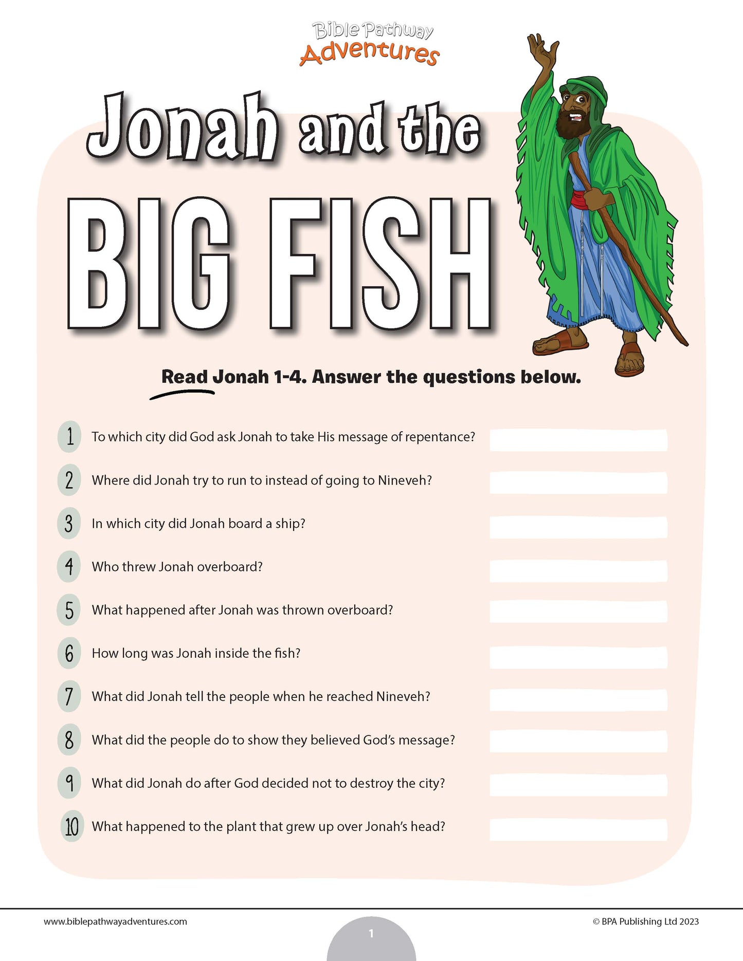 Jonah and the Big Fish Bible quiz (PDF)