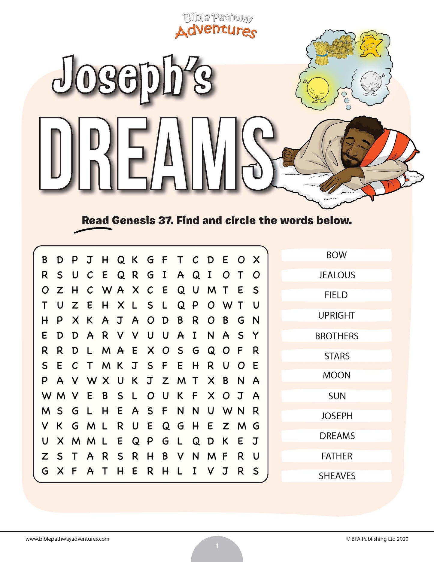 Joseph’s Dreams Bible word search (PDF)