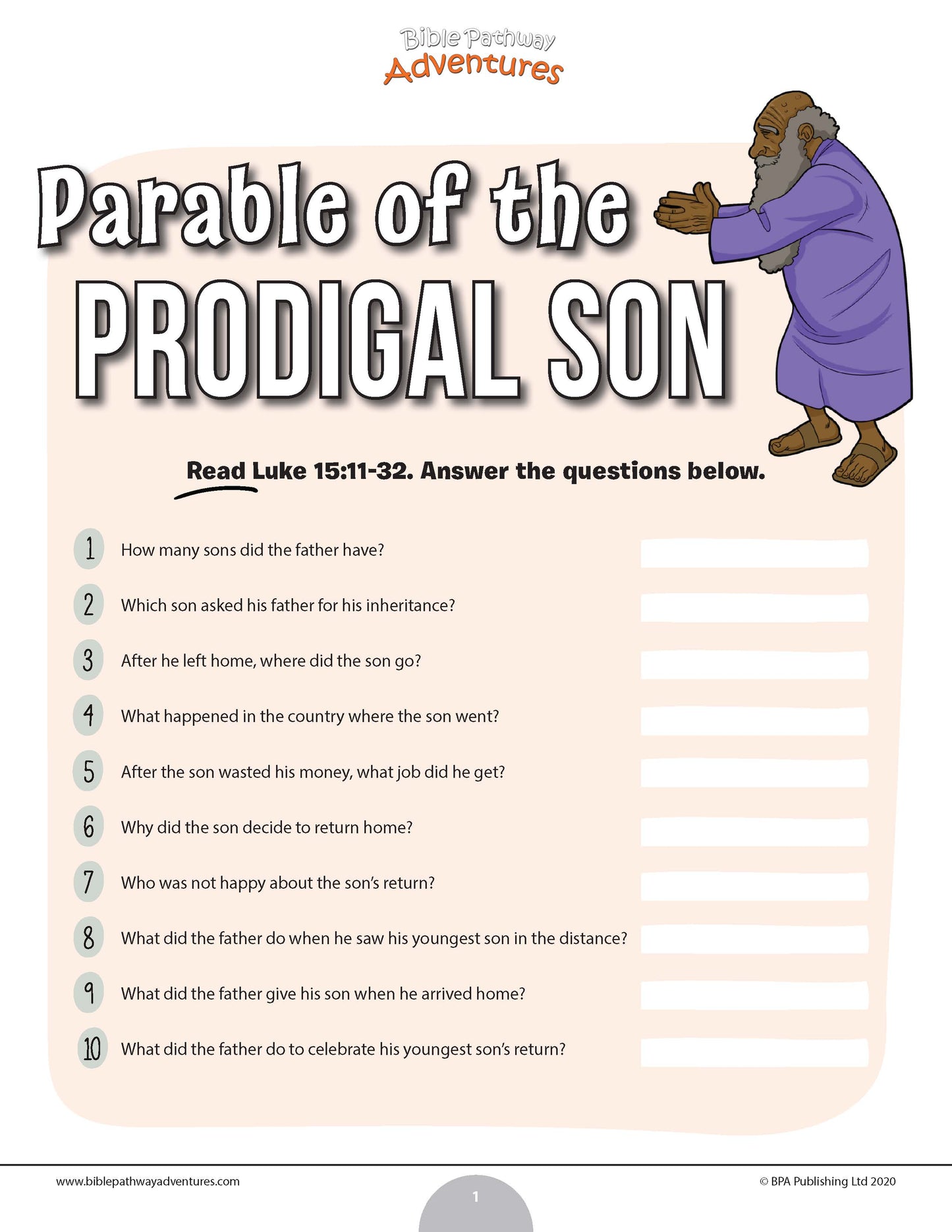 Parable of the Prodigal Son Bible quiz (PDF)