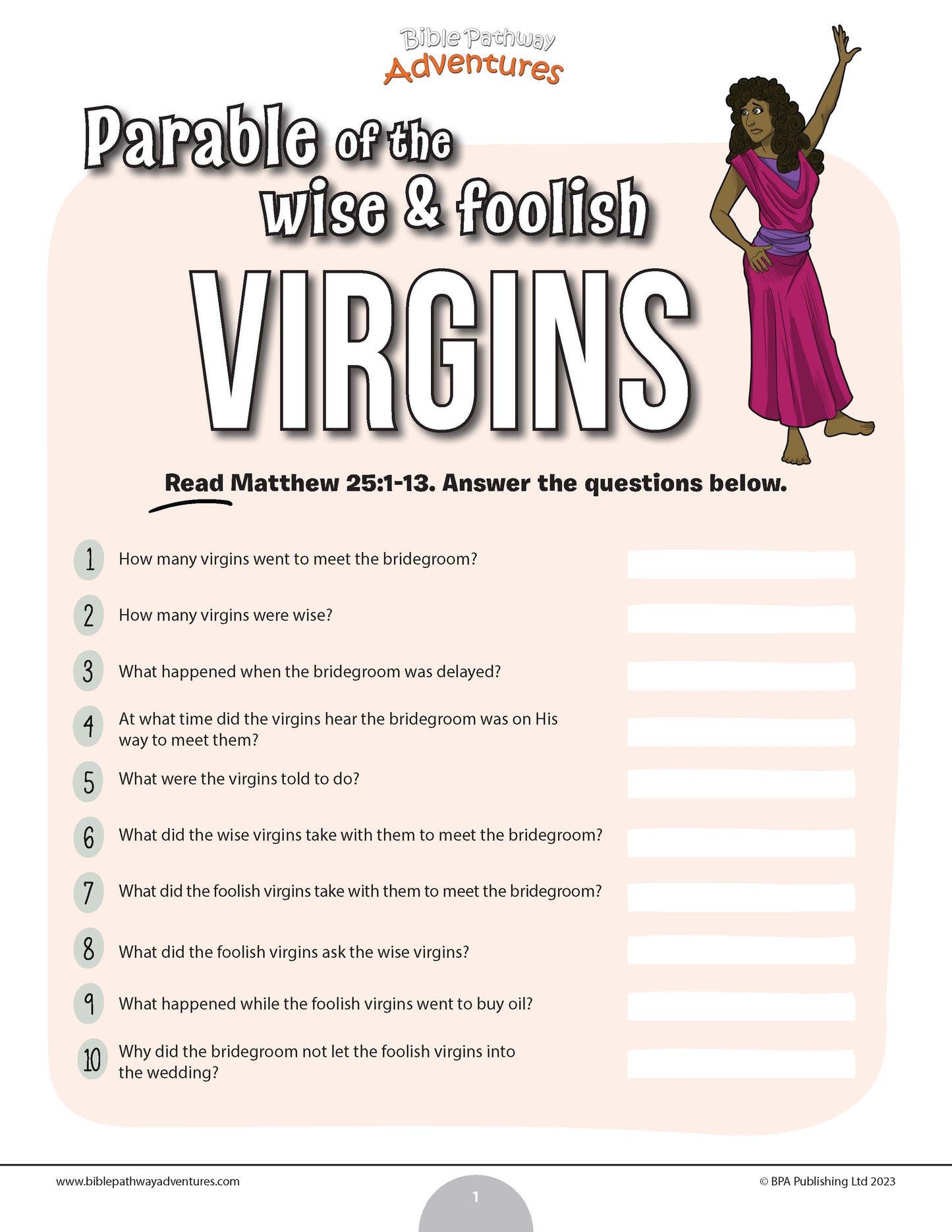 Parable of the wise and foolish virgins Bible quiz (PDF)