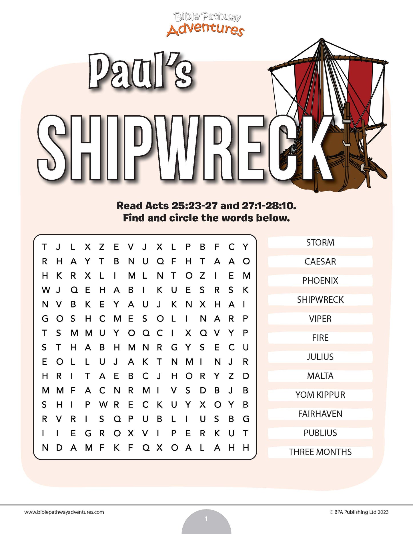 Paul’s Shipwreck Bible word search (PDF)