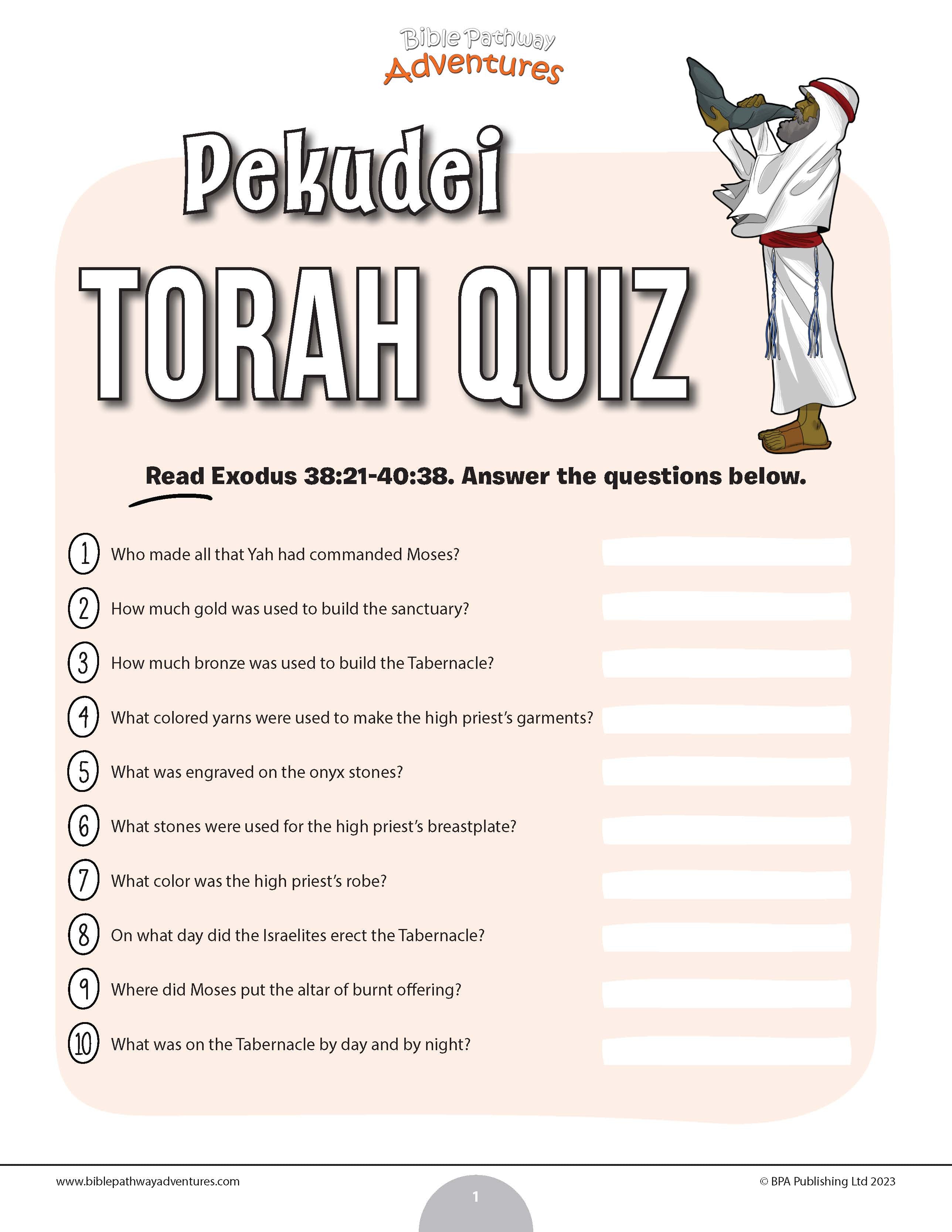 Pekudei Torah Quiz (PDF) – Bible Pathway Adventures