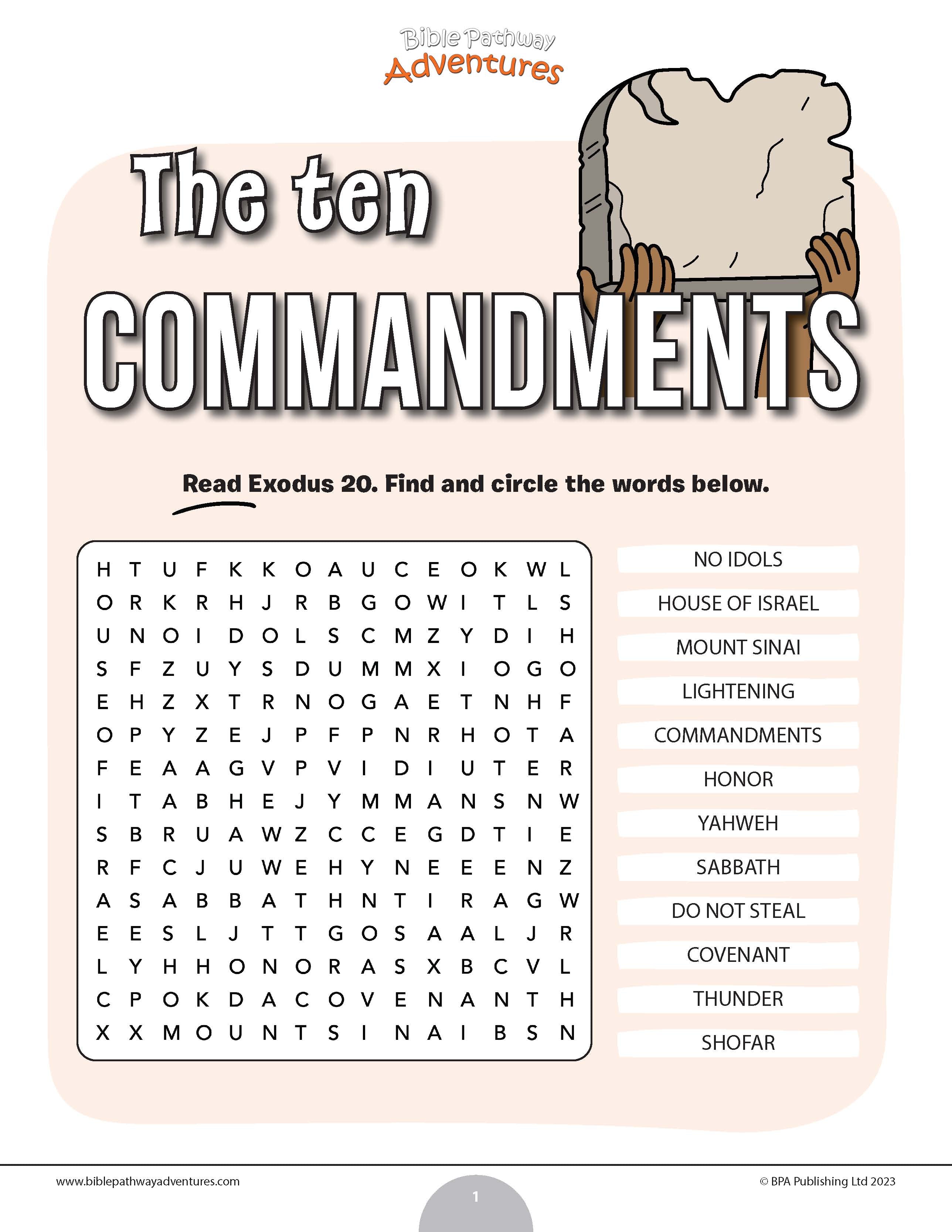 The Ten Commandments word search – Bible Pathway Adventures